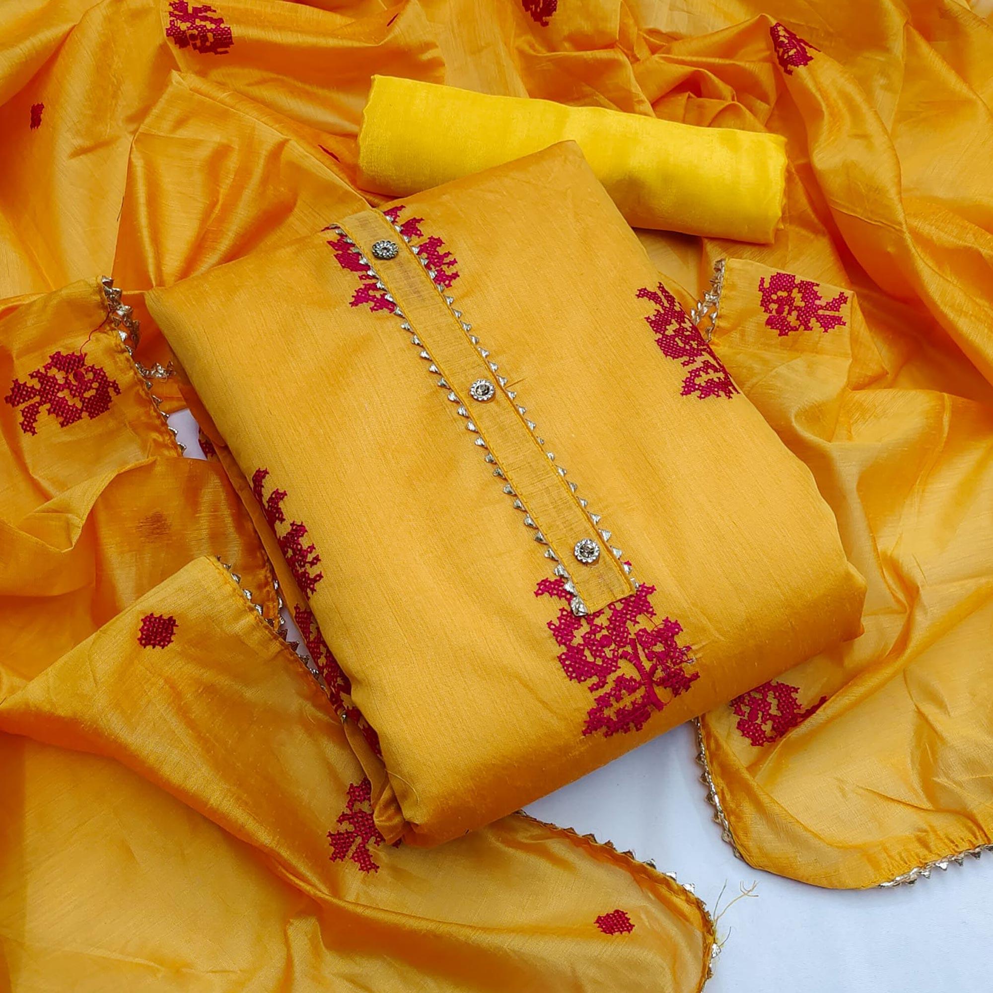 Orange Casual Wear Embroidered Modal Silk Dress Material - Peachmode