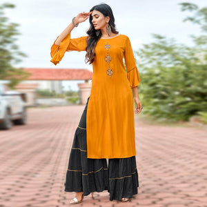 Orange Casual Wear Embroidered Rayon Palazzo Suit - Peachmode