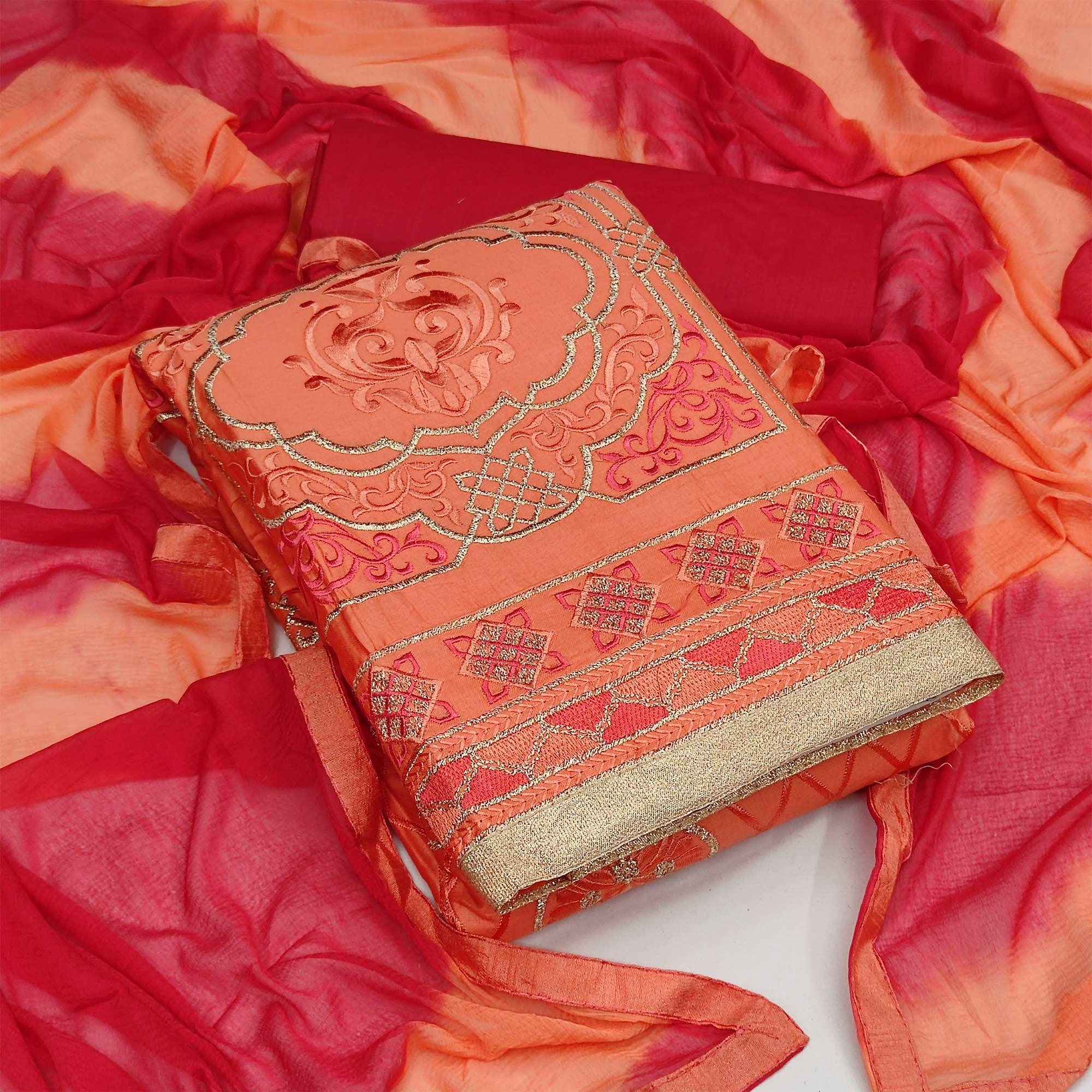 Orange Casual Wear Embroidered Work Cotton Dress Material - Peachmode