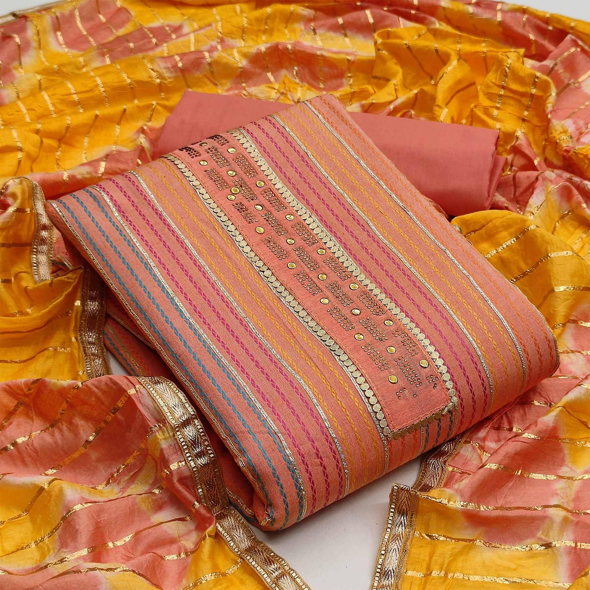 Orange Casual Wear Embroidery With Hand Work Premium Pure Cotton  Dress Material - Peachmode