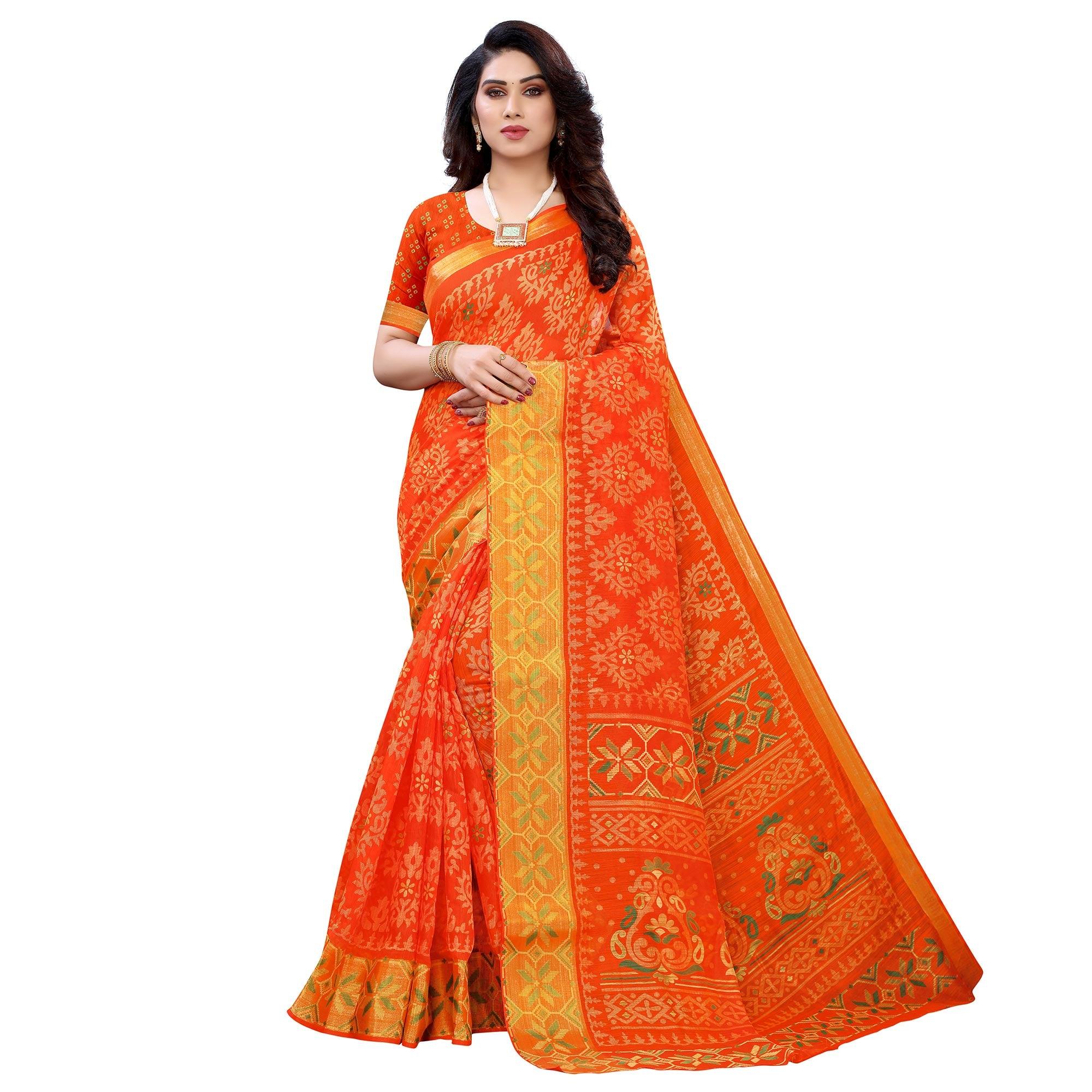 Orange Casual Wear Fancy Printed Heavy Linen Saree With Zari Border - Peachmode