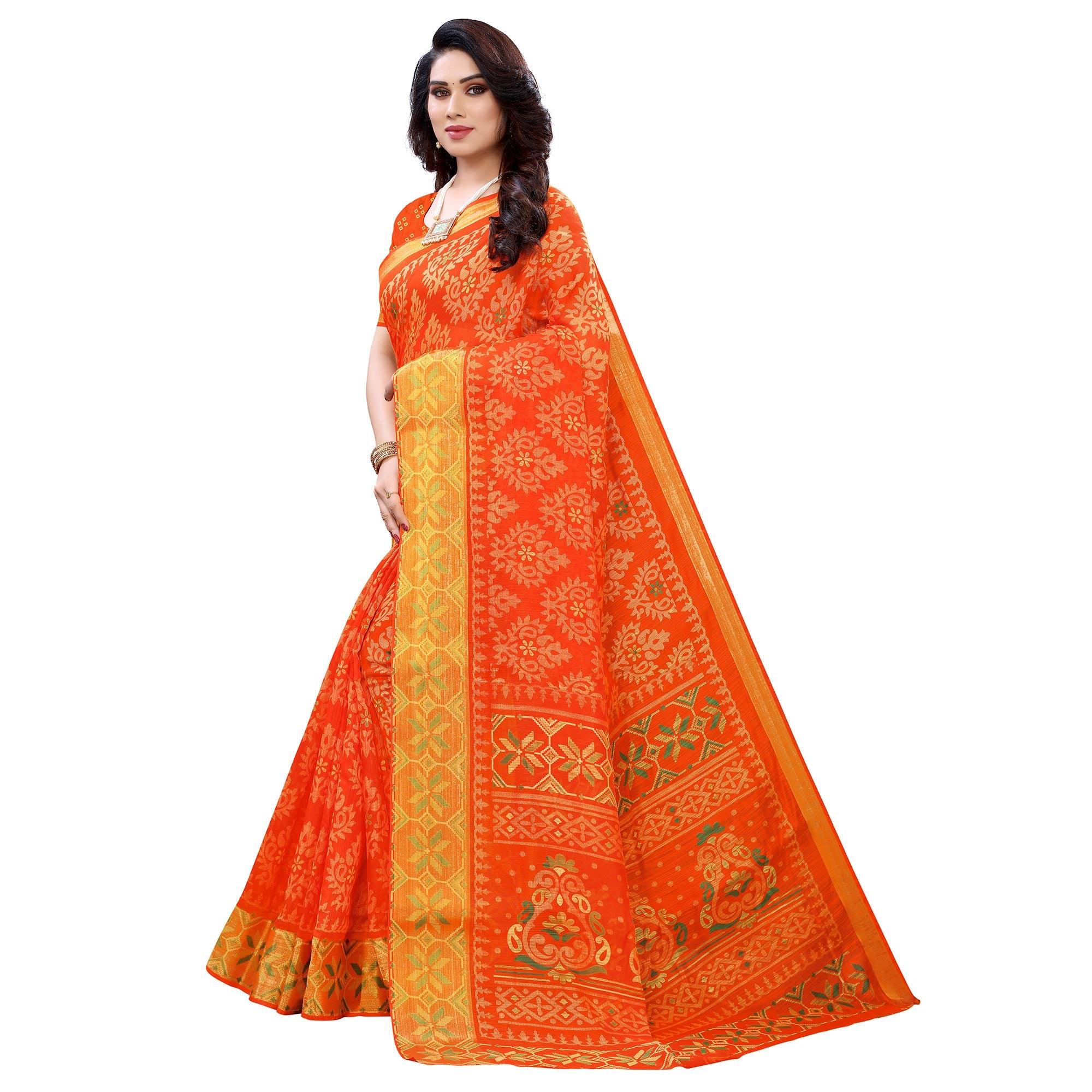 Orange Casual Wear Fancy Printed Heavy Linen Saree With Zari Border - Peachmode