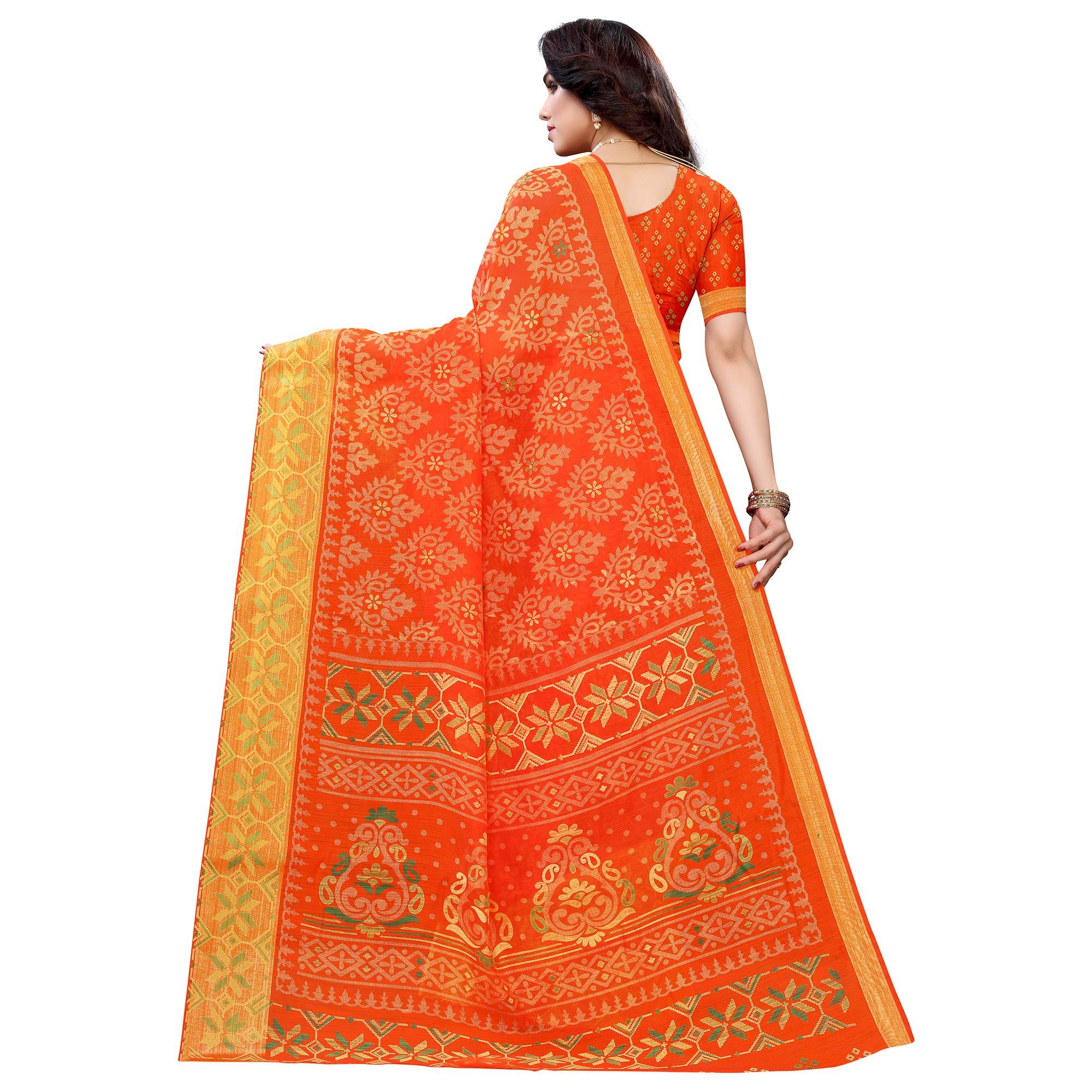 Orange Casual Wear Fancy Printed Heavy Linen Saree With Zari Border - Peachmode