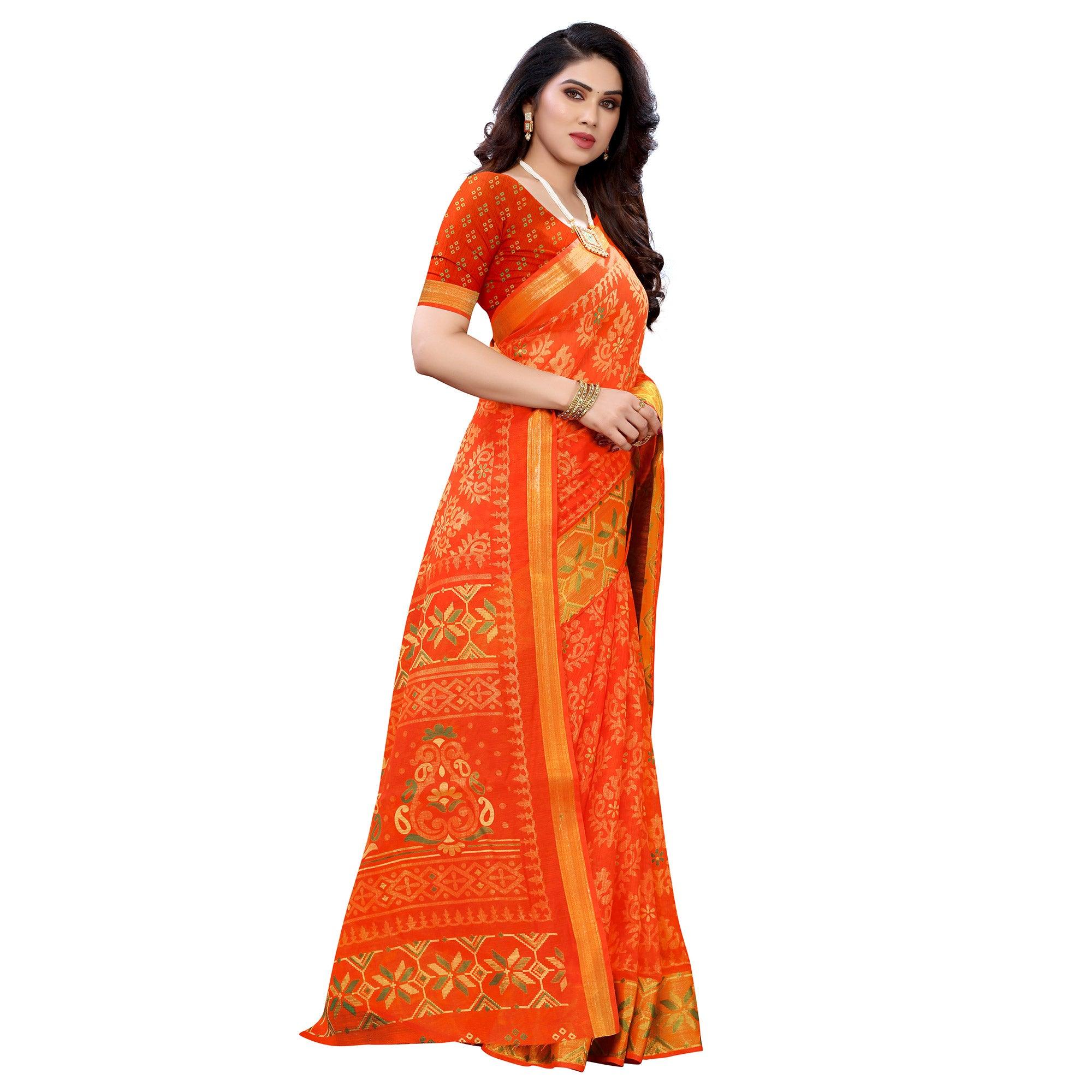 Orange Casual Wear Fancy Printed Heavy Linen Saree With Zari Border - Peachmode