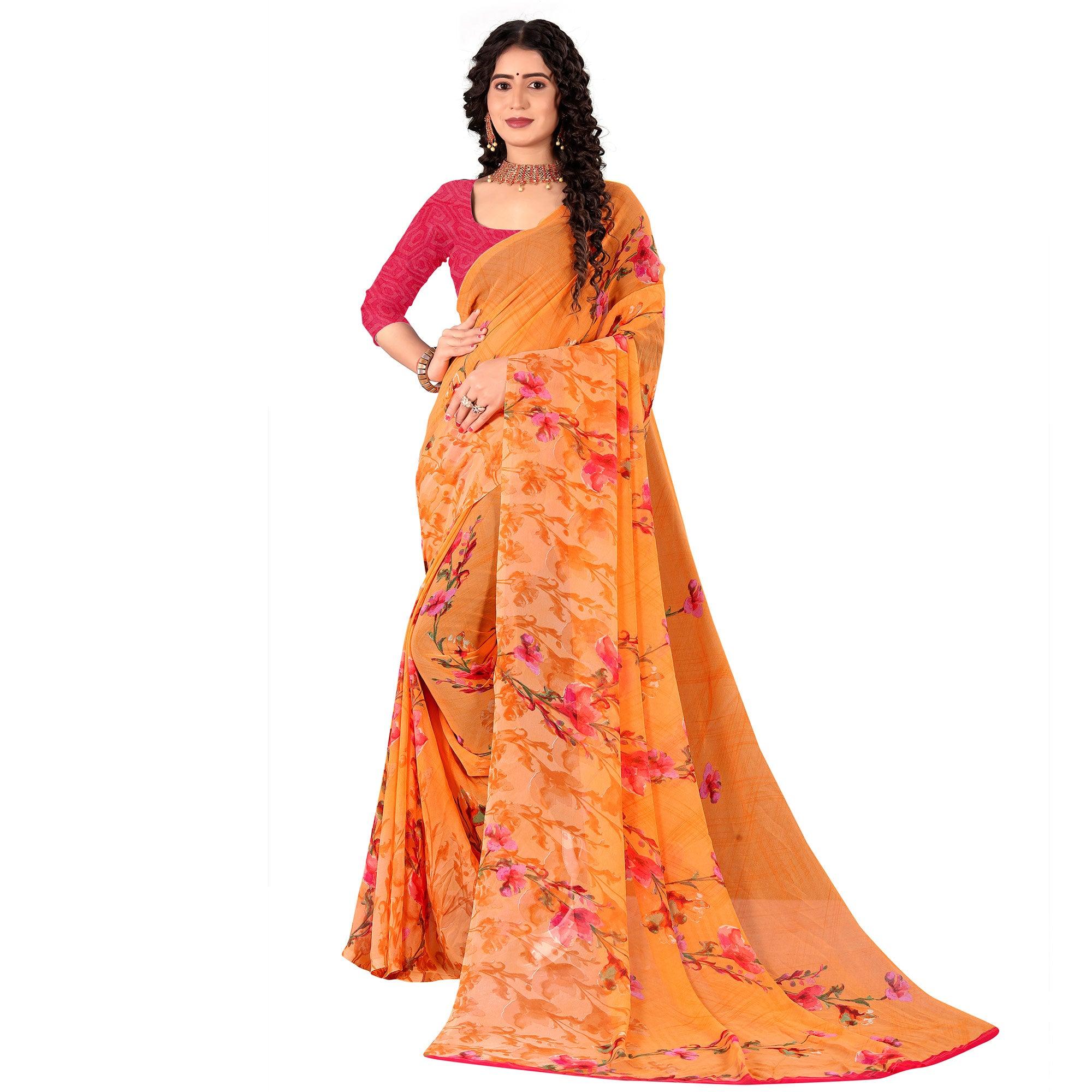 Orange Casual Wear Floral Digital Printed Georgette Saree - Peachmode