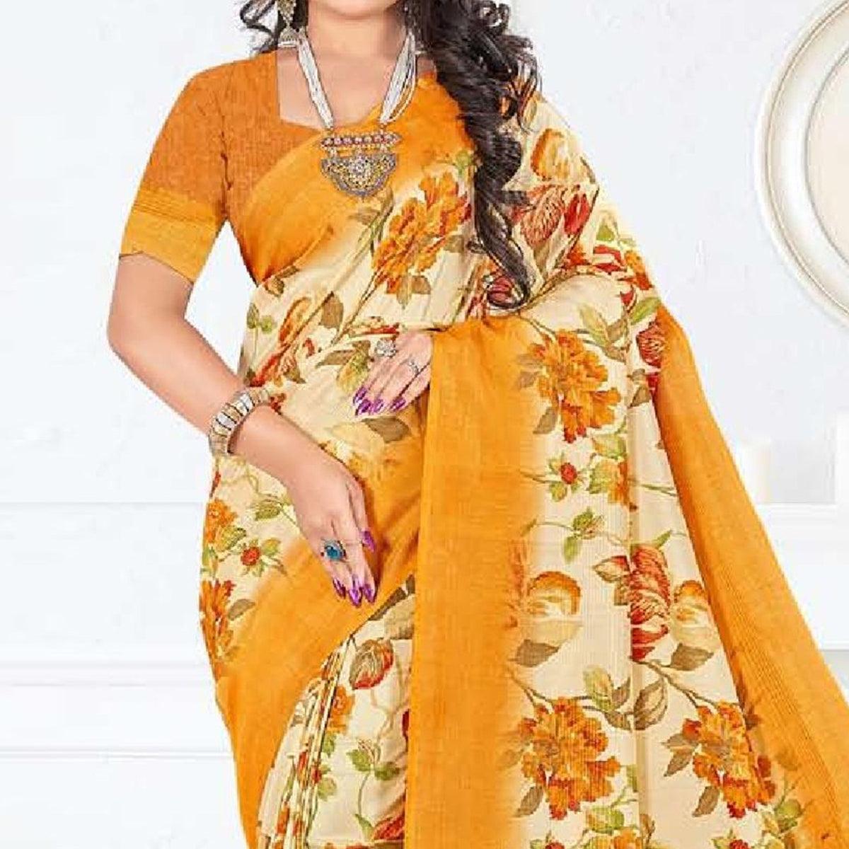 Orange Casual Wear Floral Digital Printed Soft Silk Saree - Peachmode