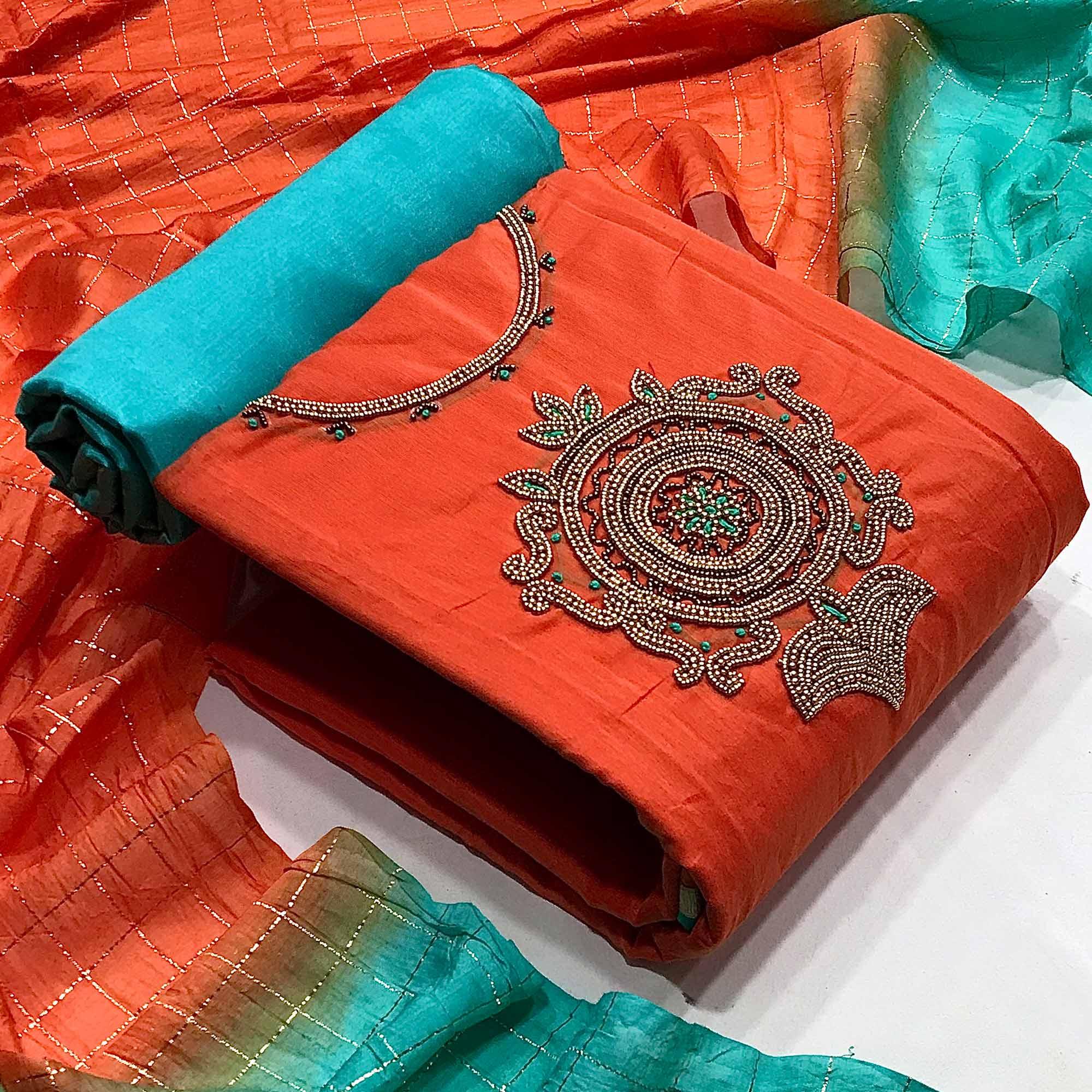 Orange Casual Wear Floral embellished Handwork Chanderi Dress Material - Peachmode