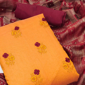 Orange Casual Wear Floral Embroidered Chanderi Dress Material - Peachmode