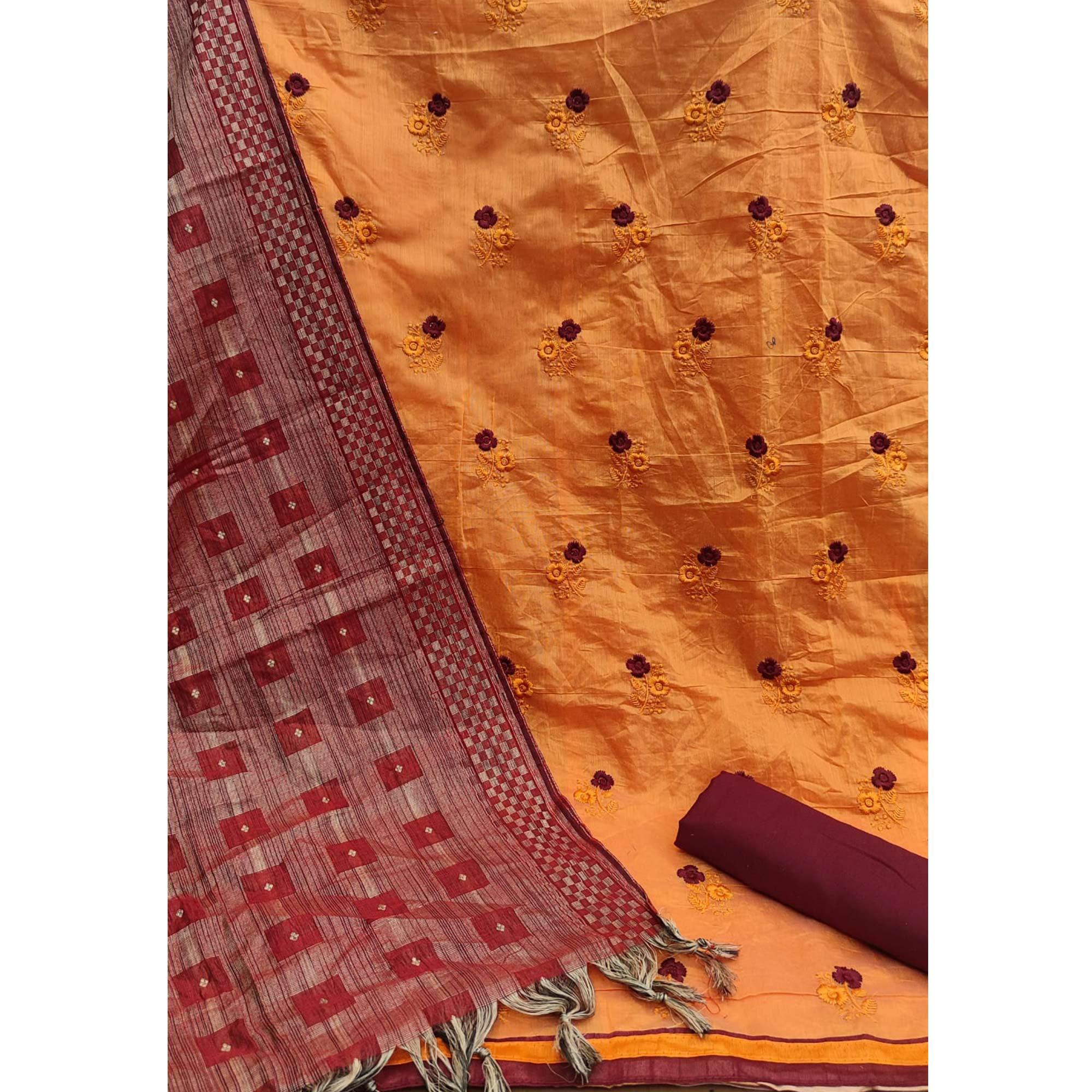 Orange Casual Wear Floral Embroidered Chanderi Dress Material - Peachmode