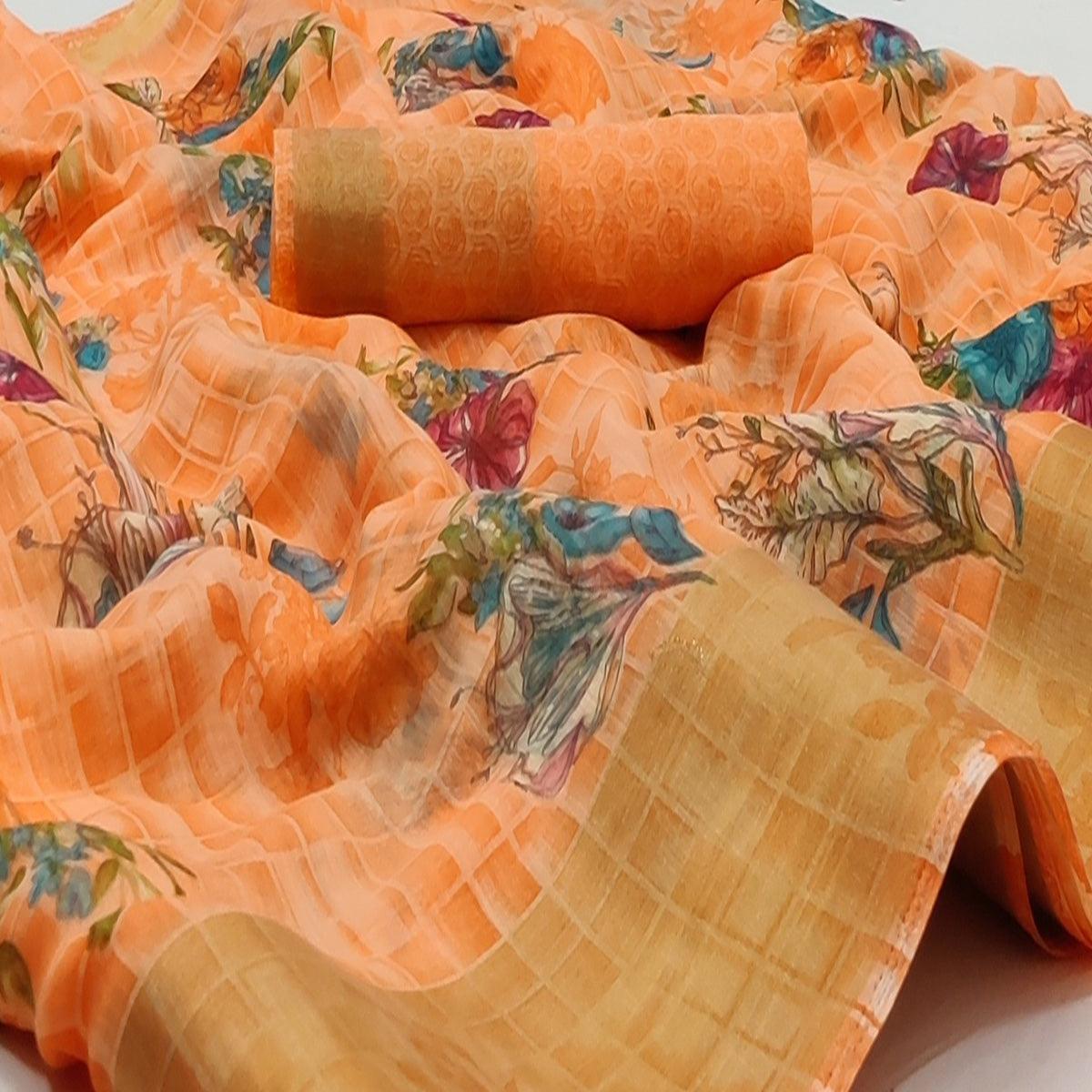 Orange Casual Wear Floral Mill Printed Cotton Saree With Zari Border - Peachmode
