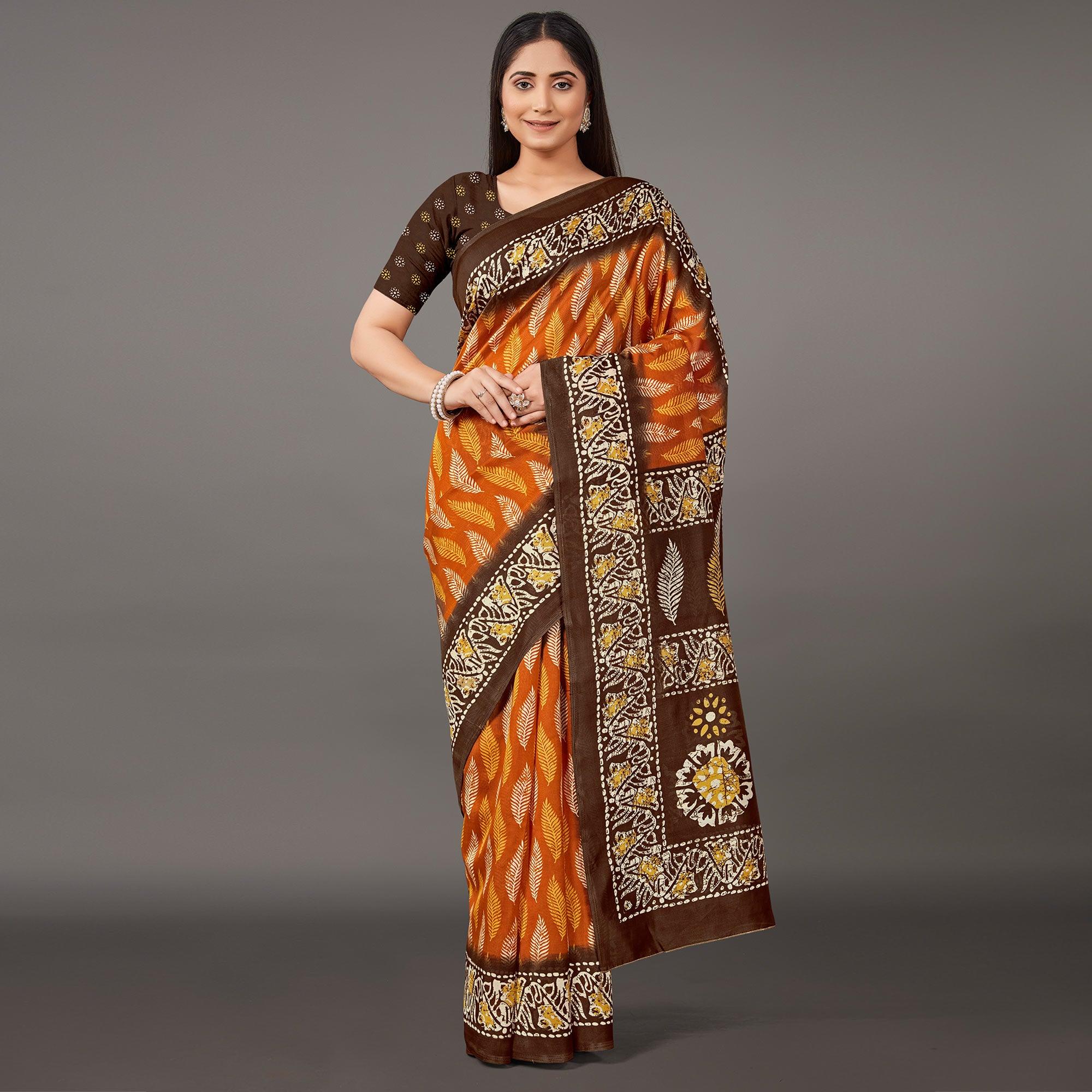 Orange Casual Wear Floral Printed Art Silk Saree - Peachmode
