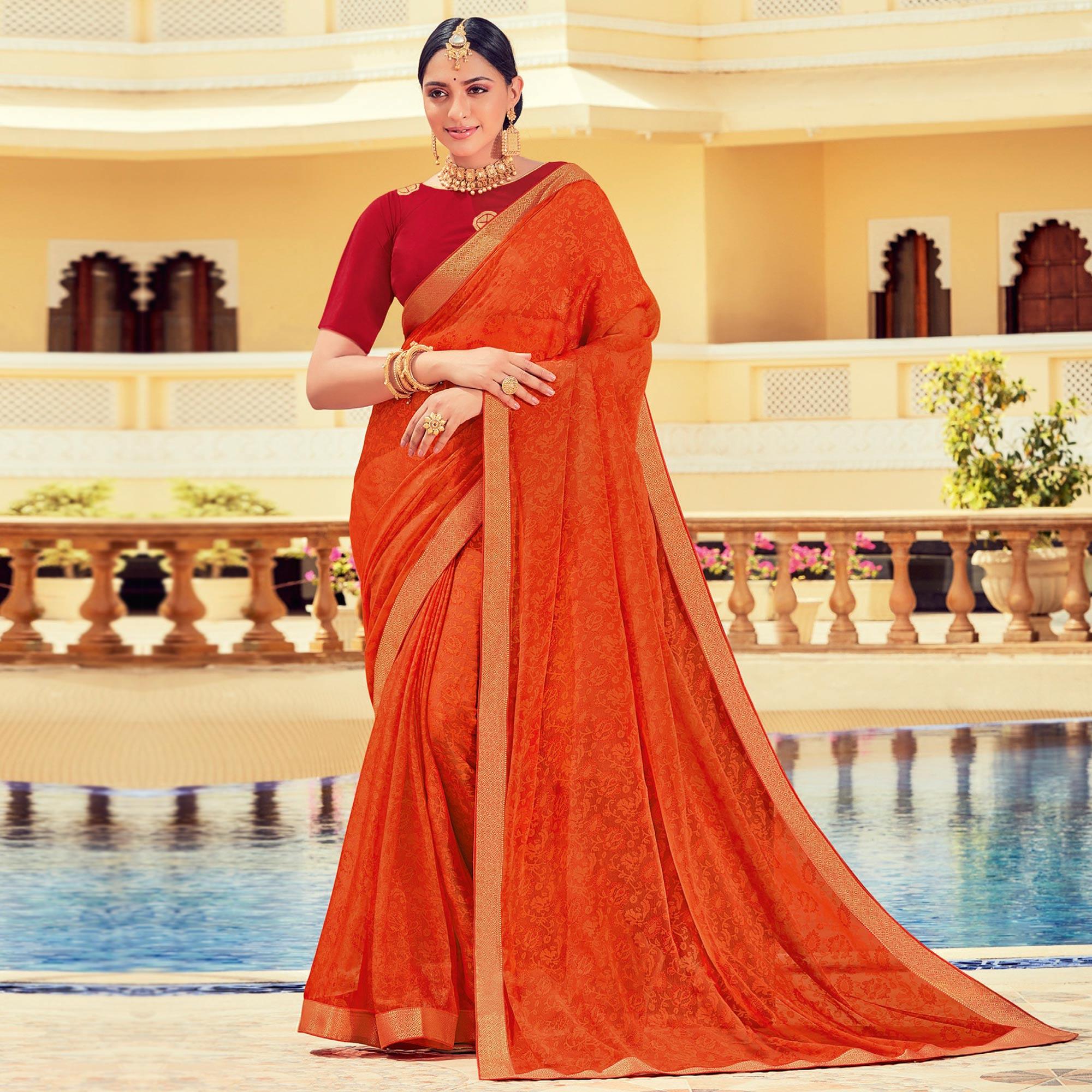 Orange Casual Wear Floral Printed Brasso Saree - Peachmode