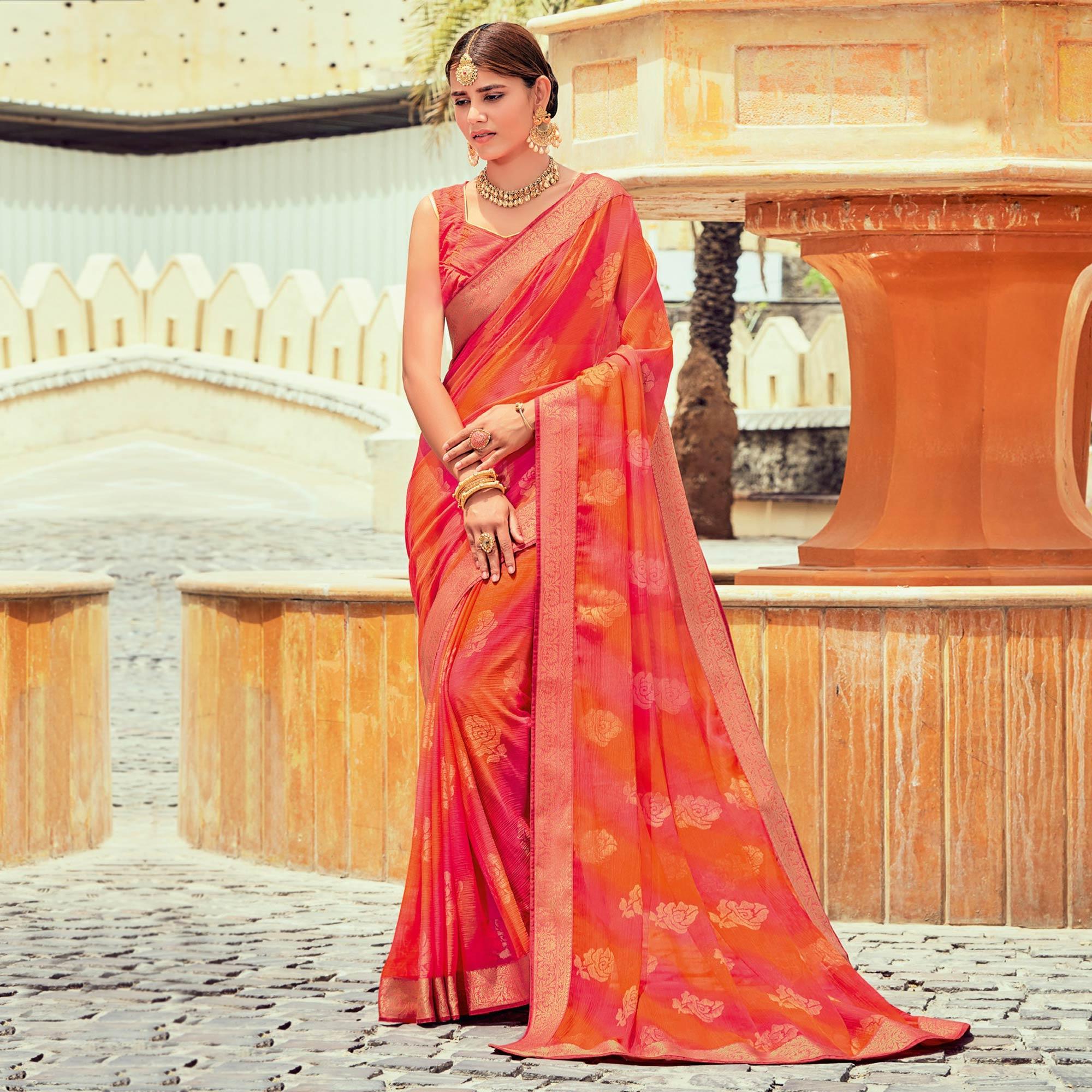 Orange Casual Wear Floral Printed Brasso Saree - Peachmode