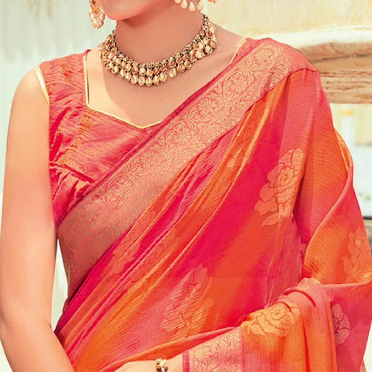Orange Casual Wear Floral Printed Brasso Saree - Peachmode