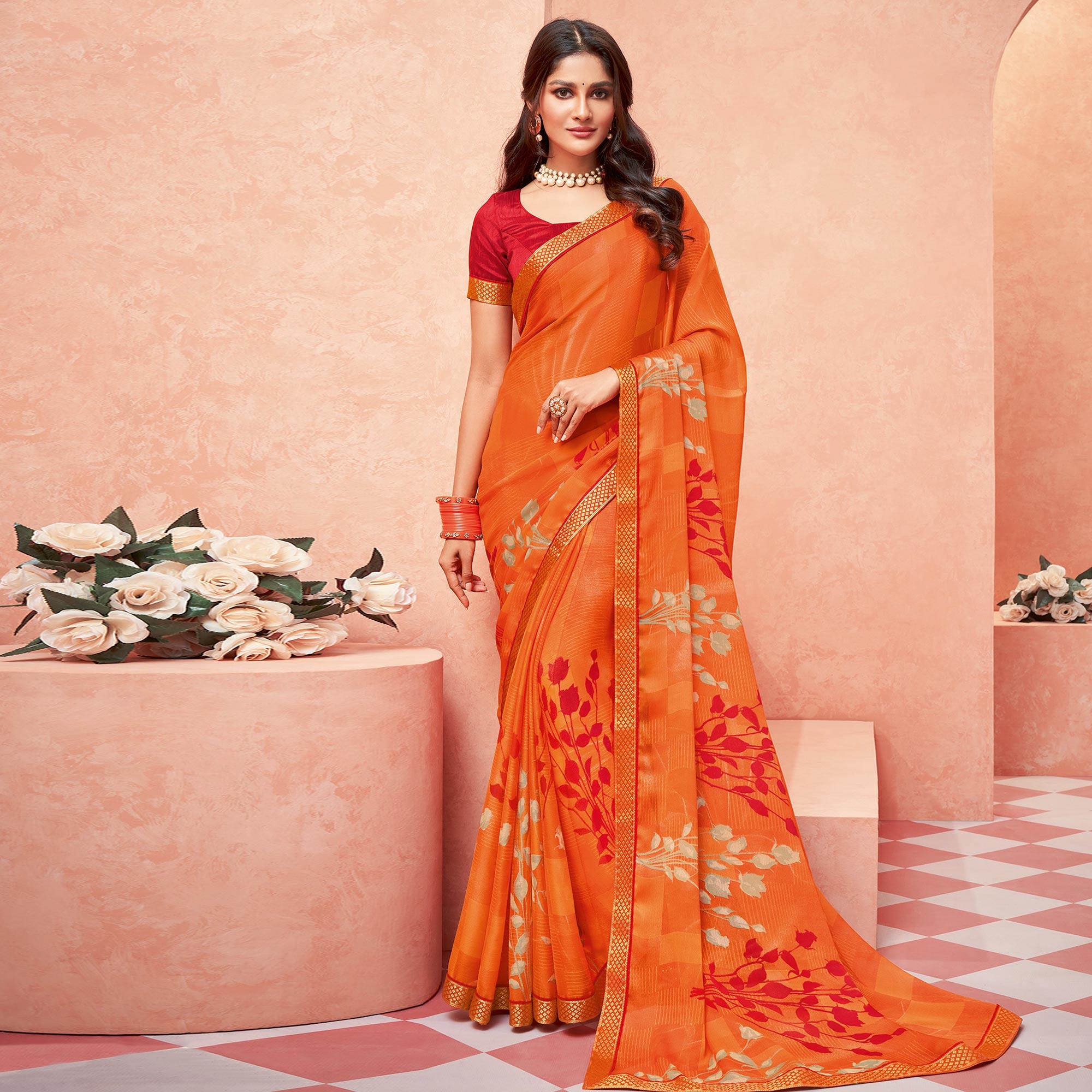 Orange Casual Wear Floral Printed Chiffon-Banarsi Saree With Banarasi Border - Peachmode