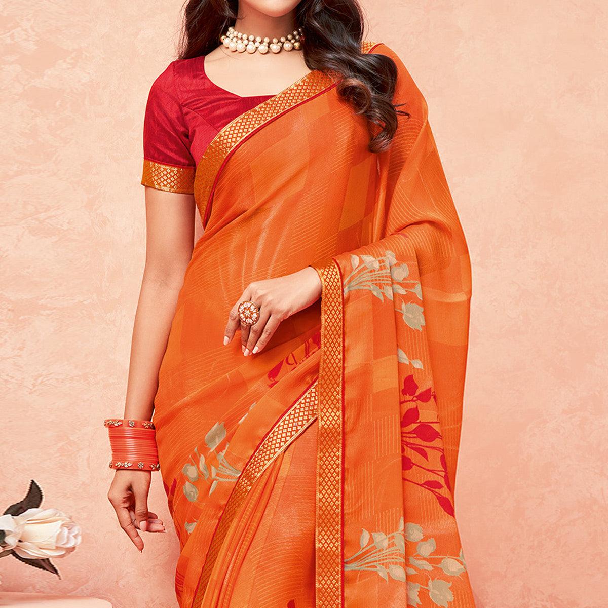 Orange Casual Wear Floral Printed Chiffon-Banarsi Saree With Banarasi Border - Peachmode