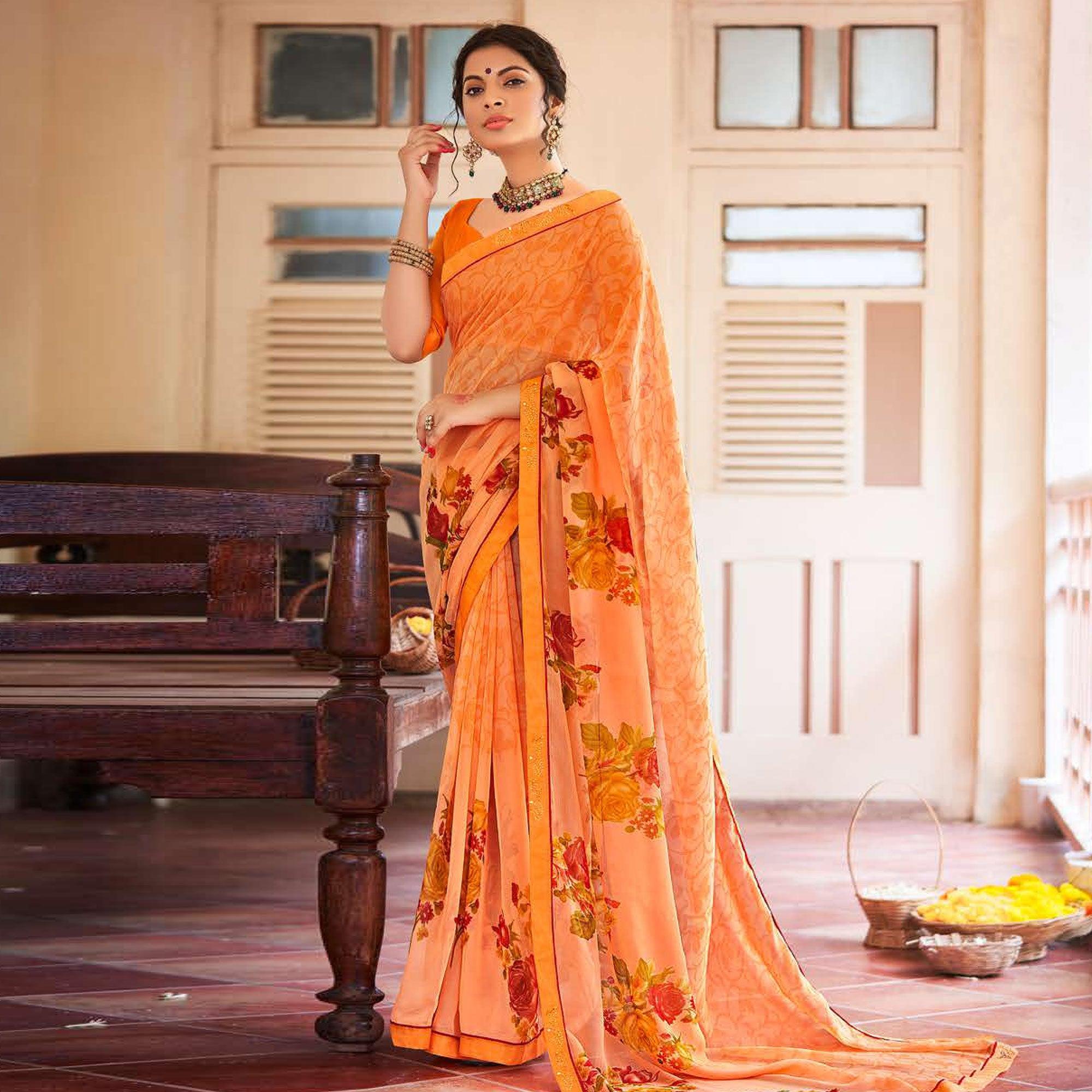Orange Casual Wear Floral Printed Chiffon Saree - Peachmode