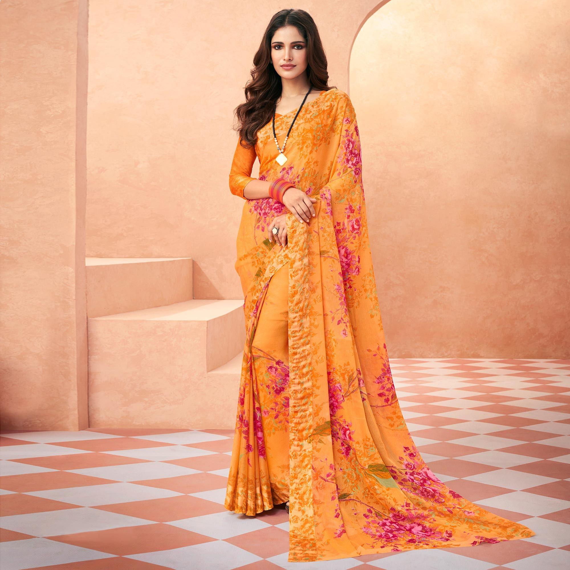 Orange Casual Wear Floral Printed Chiffon Saree - Peachmode