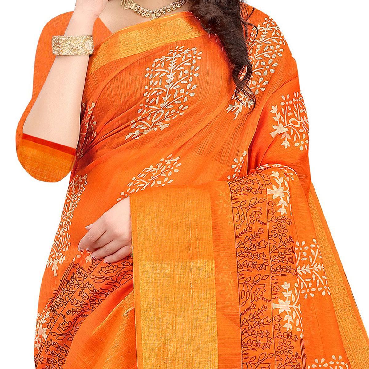 Orange Casual Wear Floral Printed Cotton Linen Saree - Peachmode