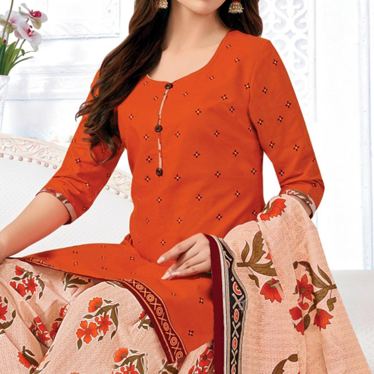 Orange Casual Wear Floral Printed Cotton Patiala Dress Material - Peachmode