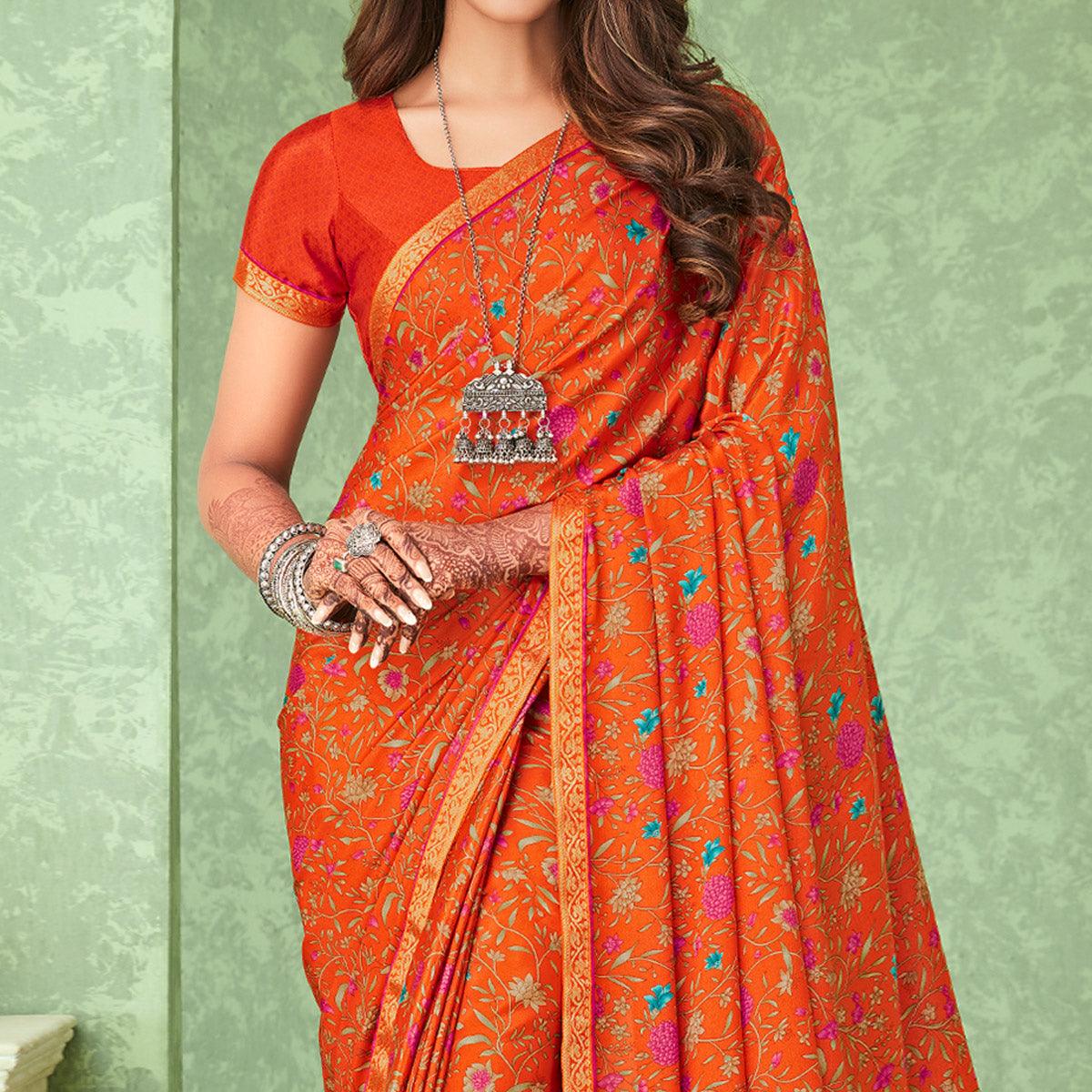 Orange Casual Wear Floral Printed Crepe Saree With Banarasi Border - Peachmode