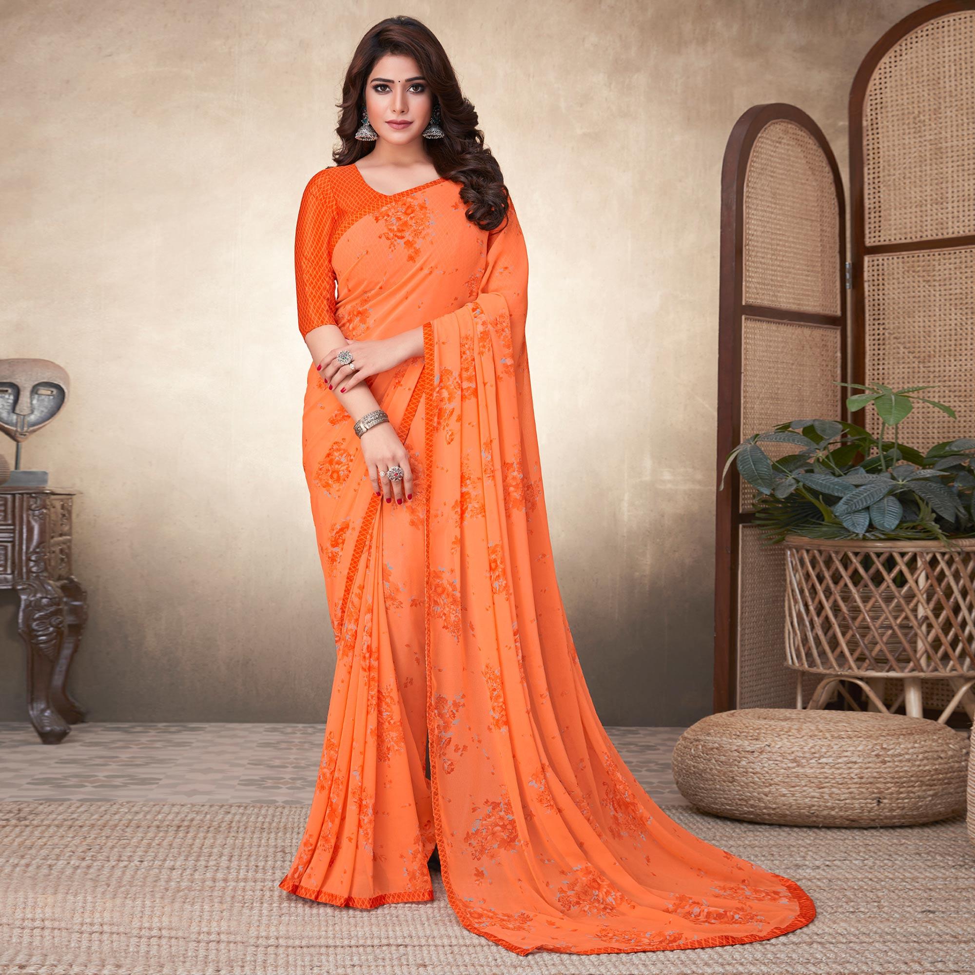 Orange Casual Wear Floral Printed Georgette Saree - Peachmode