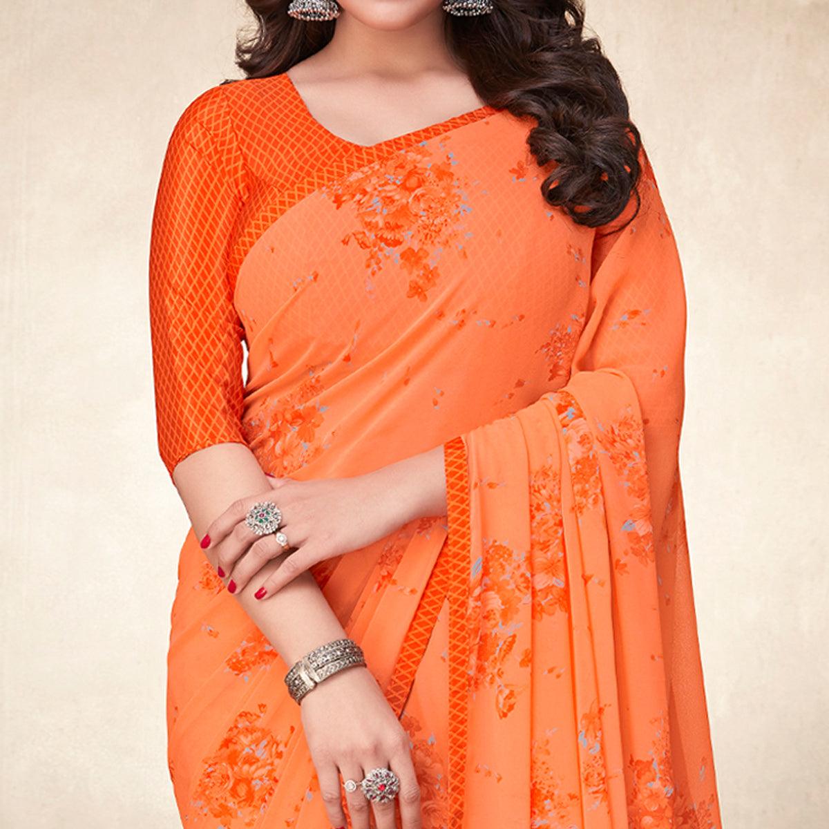 Orange Casual Wear Floral Printed Georgette Saree - Peachmode