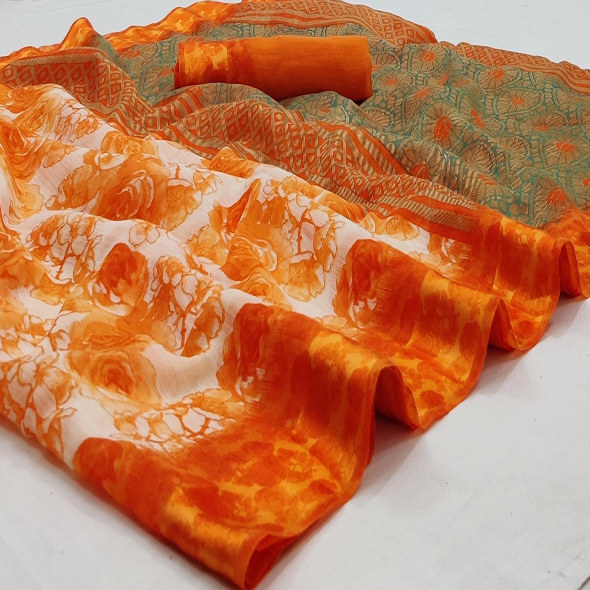 Orange Casual Wear Floral Printed Linen-Satin Saree - Peachmode