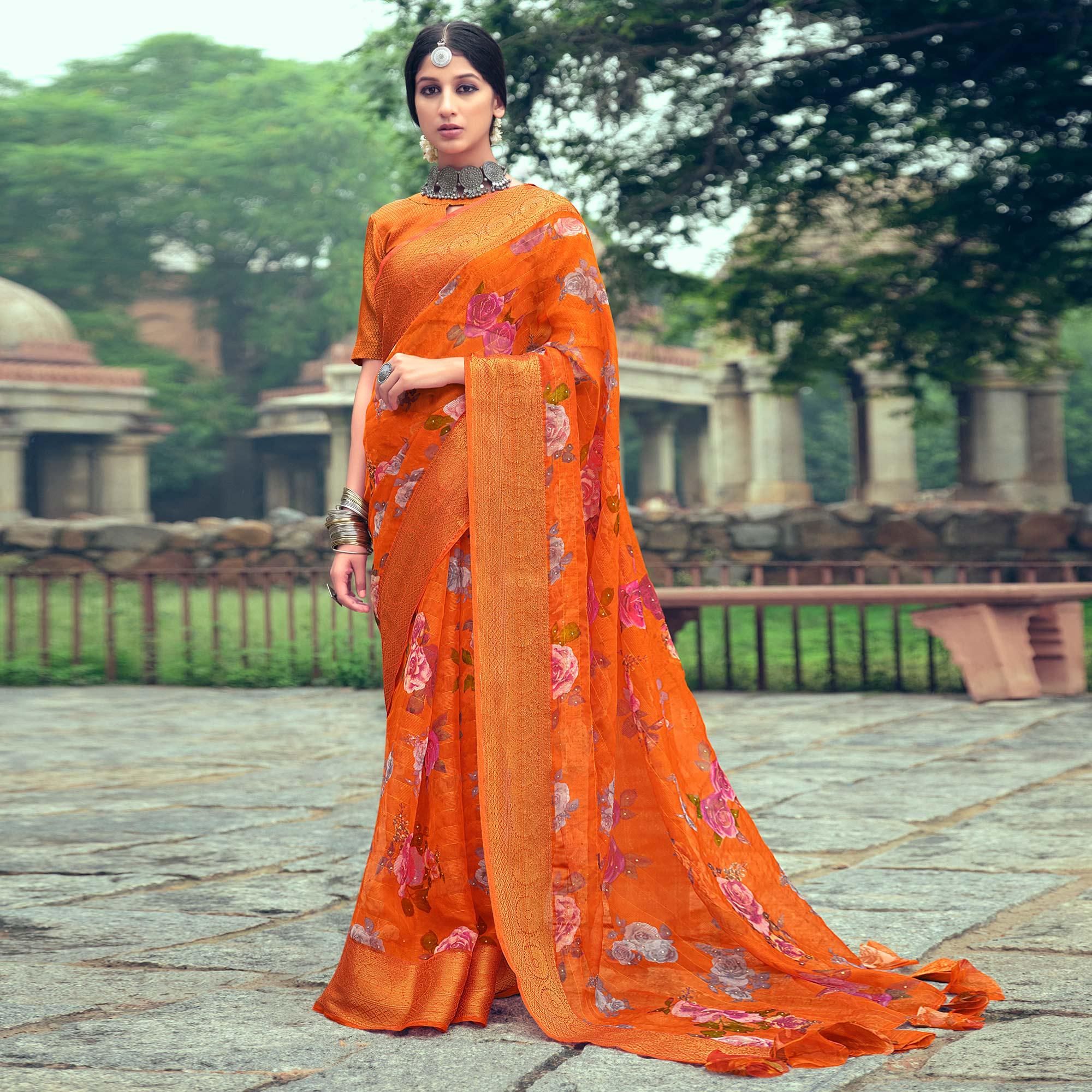 Orange Casual Wear Floral Printed Organza Saree With Jacquard Border - Peachmode