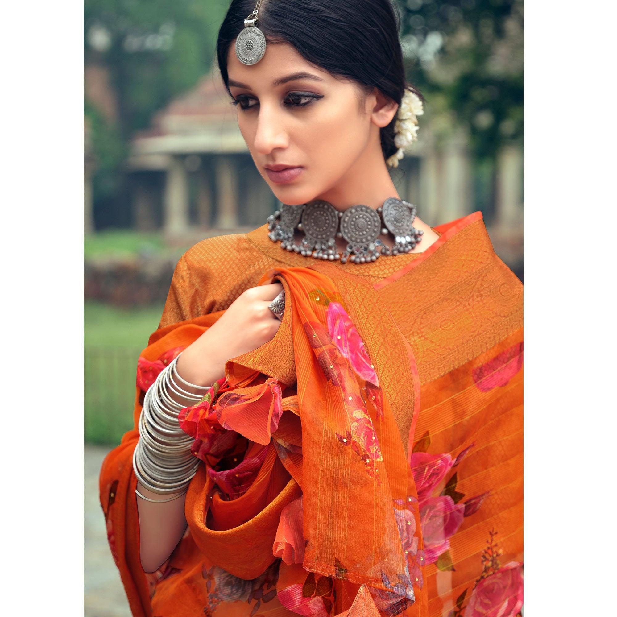 Orange Casual Wear Floral Printed Organza Saree With Jacquard Border - Peachmode