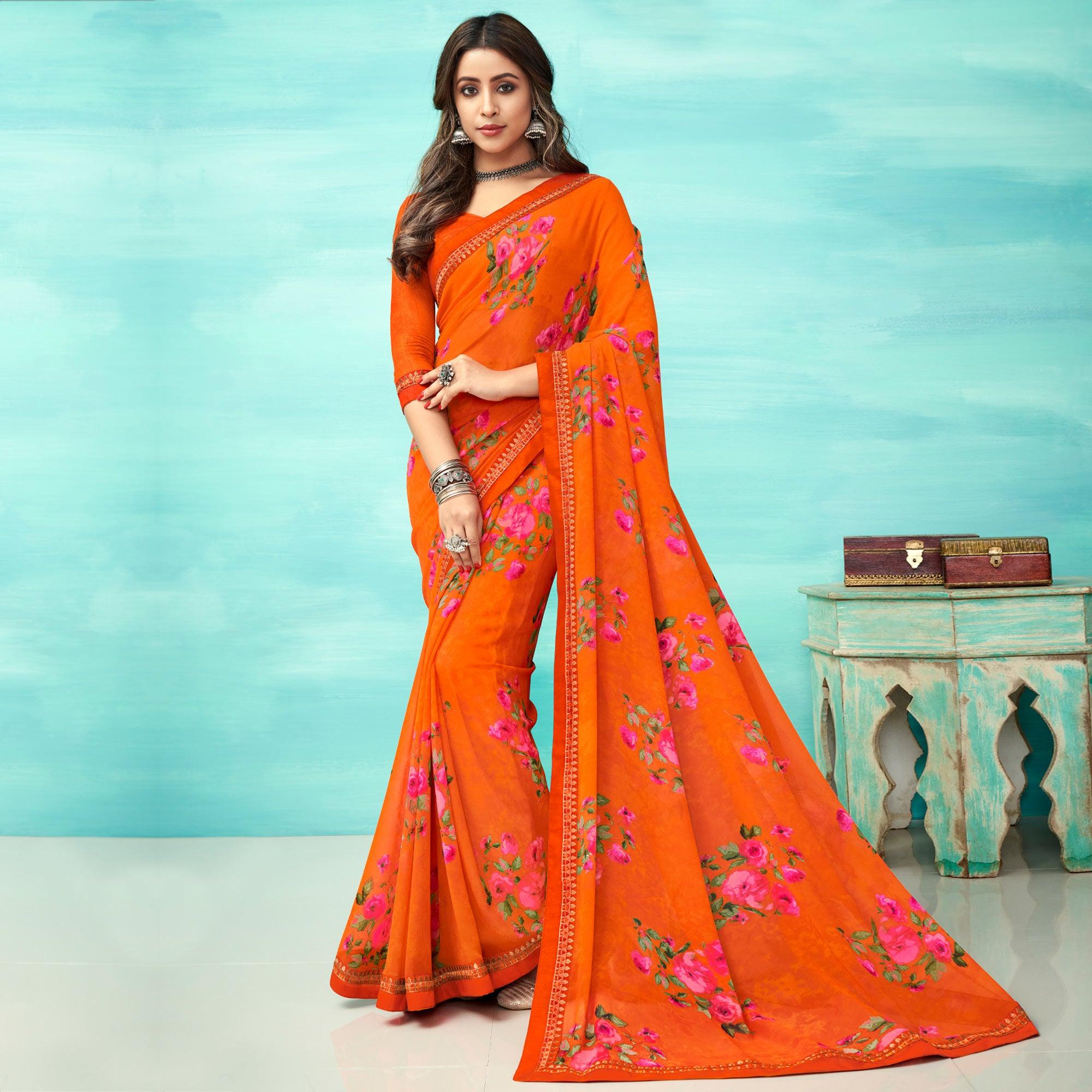 Orange Casual Wear Floral Printed Pure Georgette Saree - Peachmode