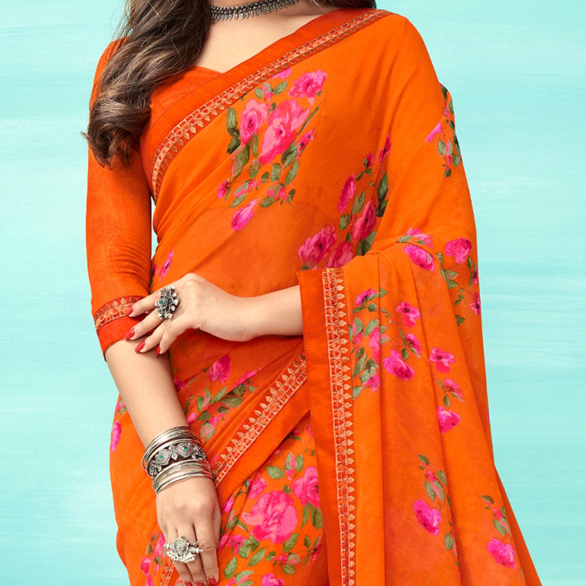 Orange Casual Wear Floral Printed Pure Georgette Saree - Peachmode