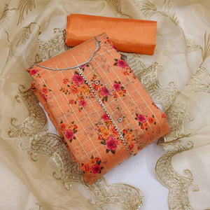 Orange Casual Wear Floral Printed With Checks Chanderi Dress Material - Peachmode