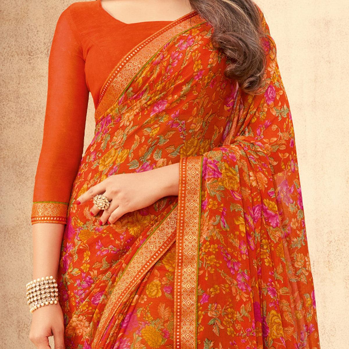 Orange Casual Wear Floral Printed with Tassels Chiffon Saree - Peachmode