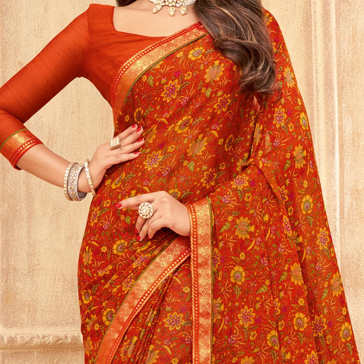 Orange Casual Wear Floral Printed with Tassels Chiffon Saree - Peachmode