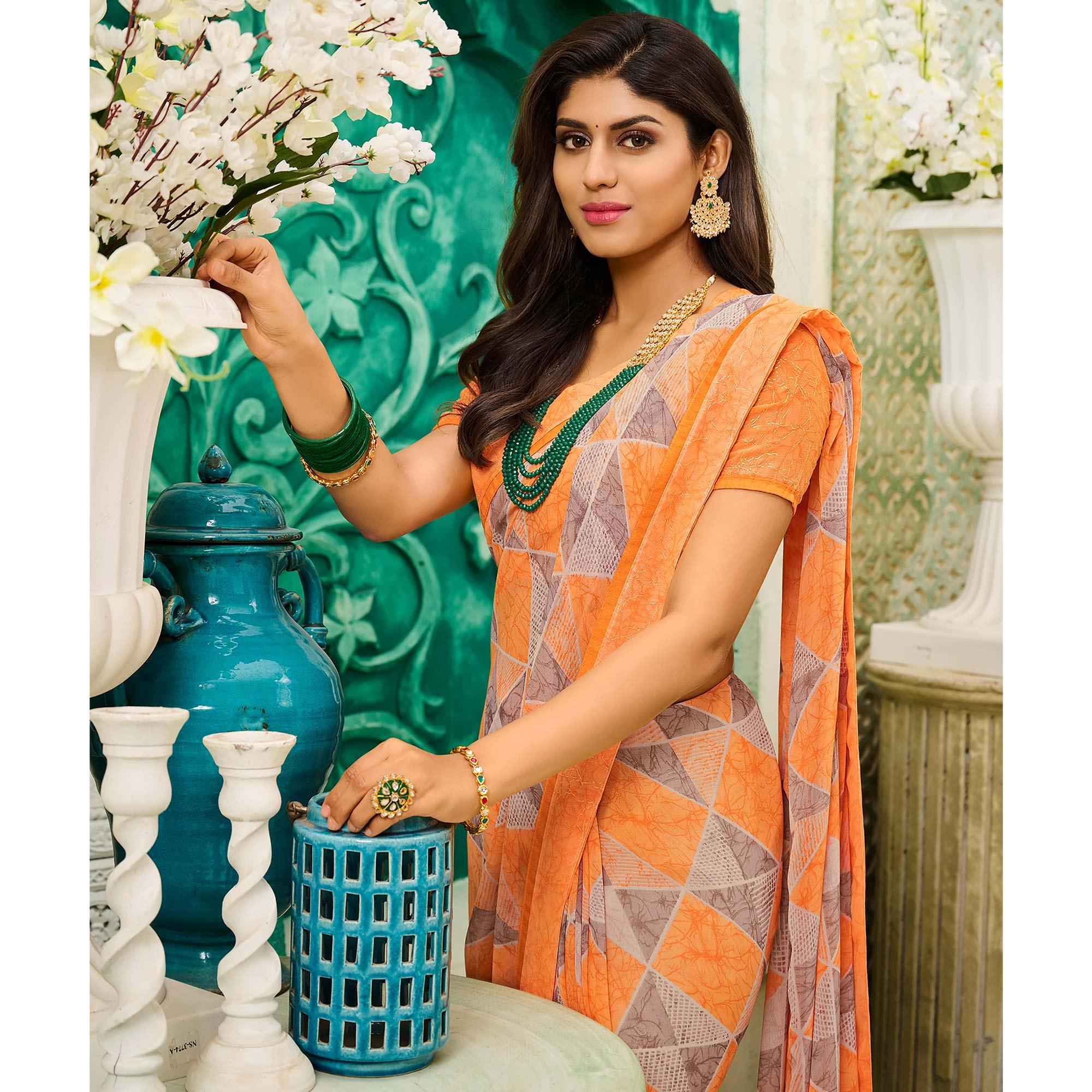 Orange Casual Wear Geometric Printed Georgette Saree - Peachmode