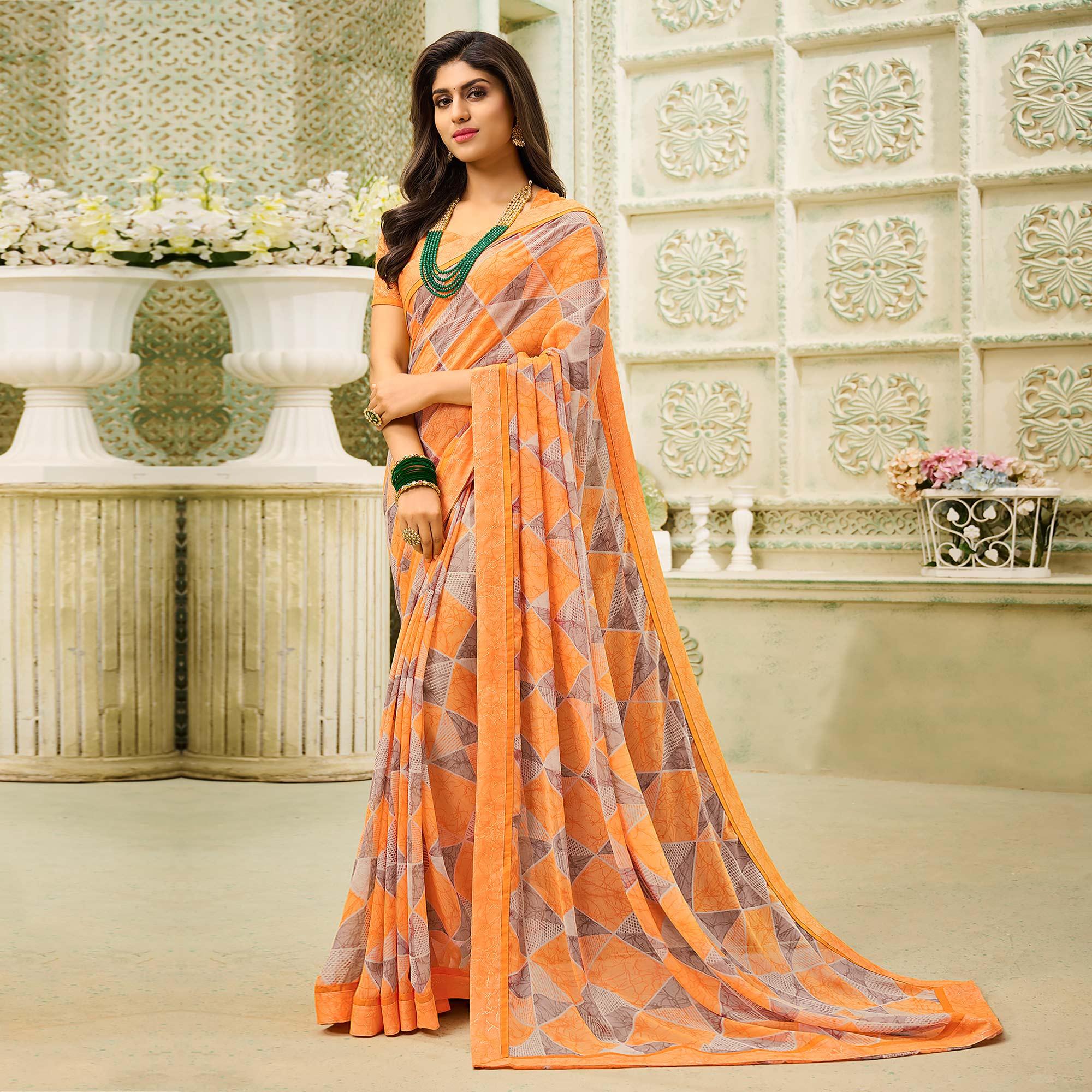 Orange Casual Wear Geometric Printed Georgette Saree - Peachmode