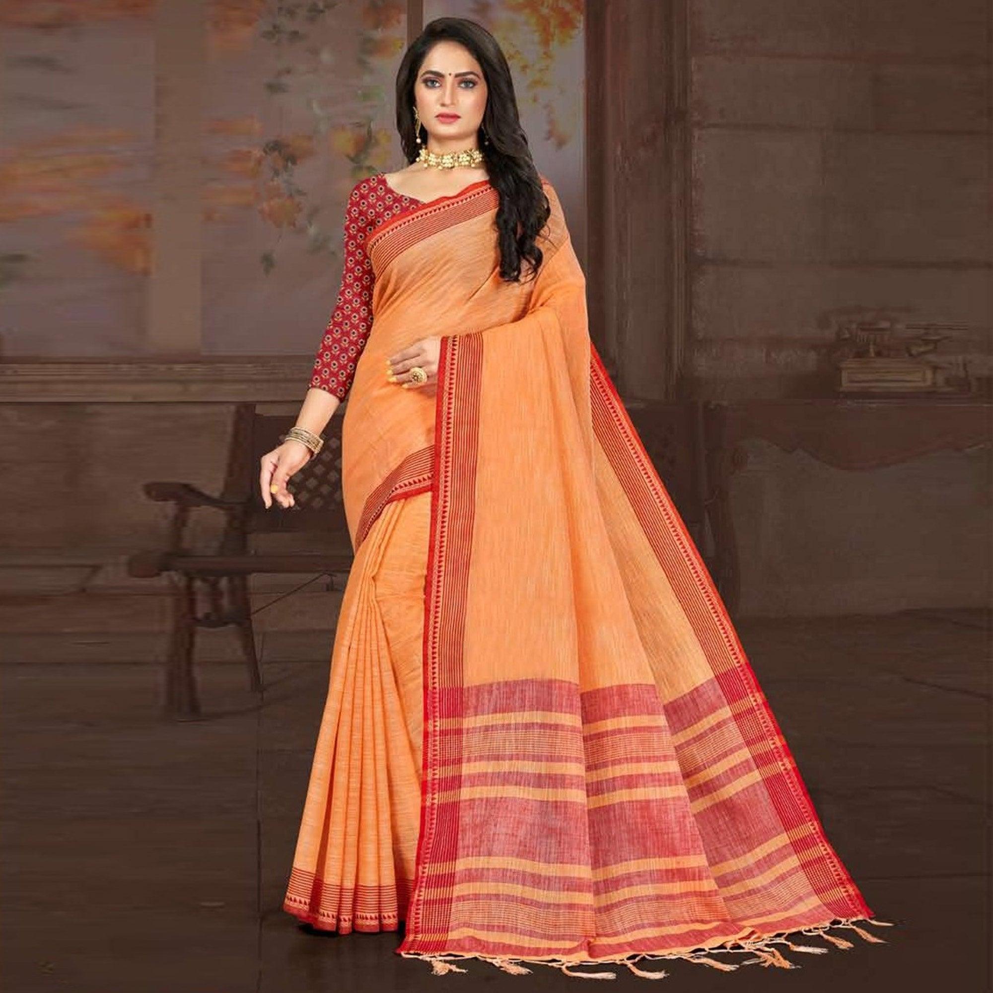 Orange Casual Wear Jari Border And Pallu Linen Saree - Peachmode