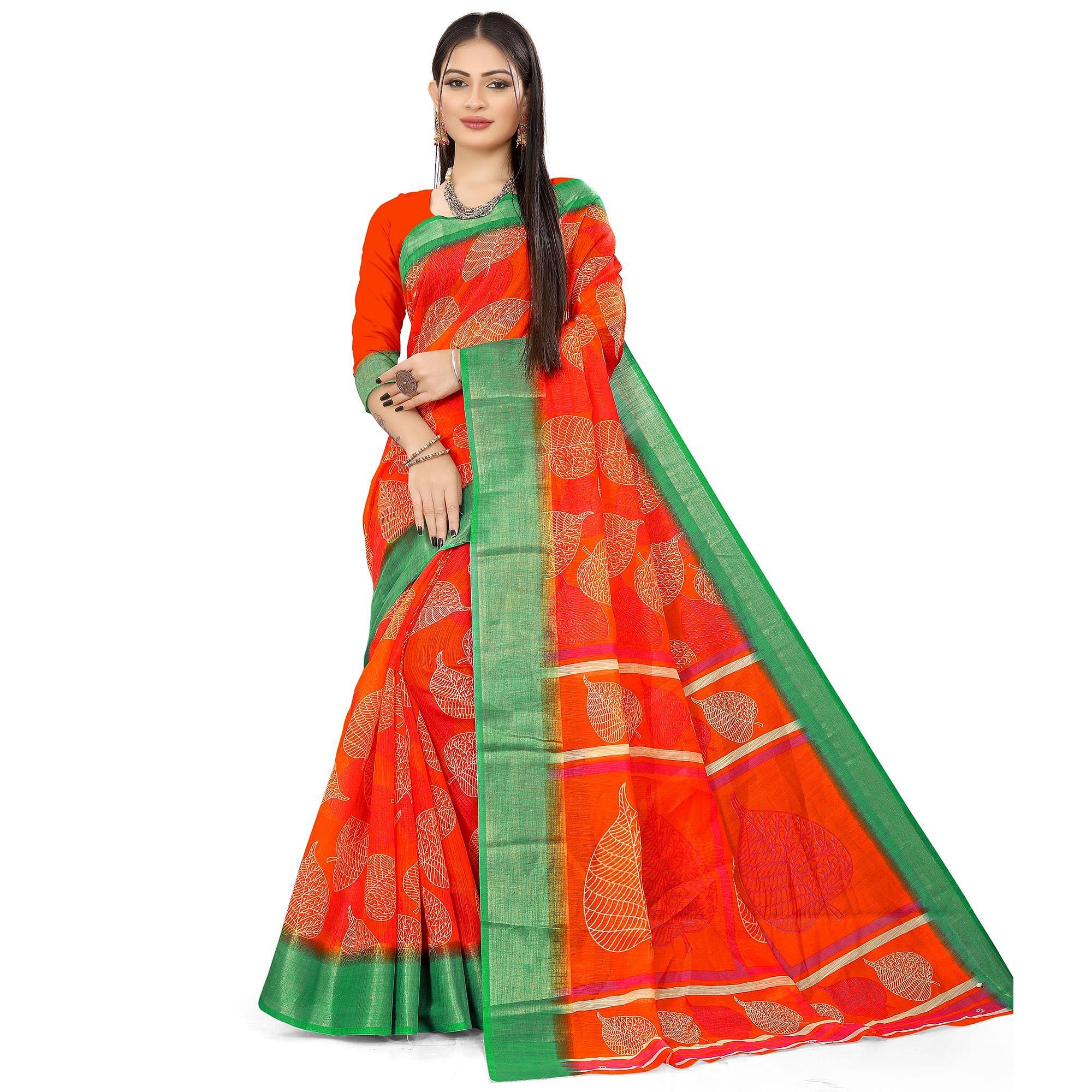 Orange Casual Wear Leaf Printed Cotton Linen Saree - Peachmode