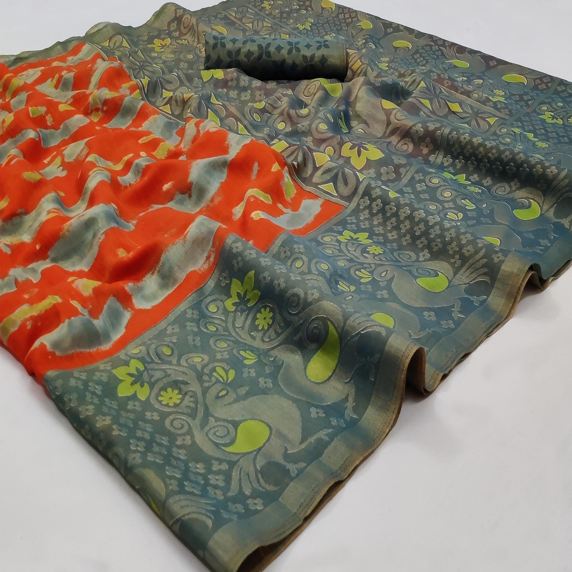 Orange Casual Wear Printed Art Silk Saree - Peachmode