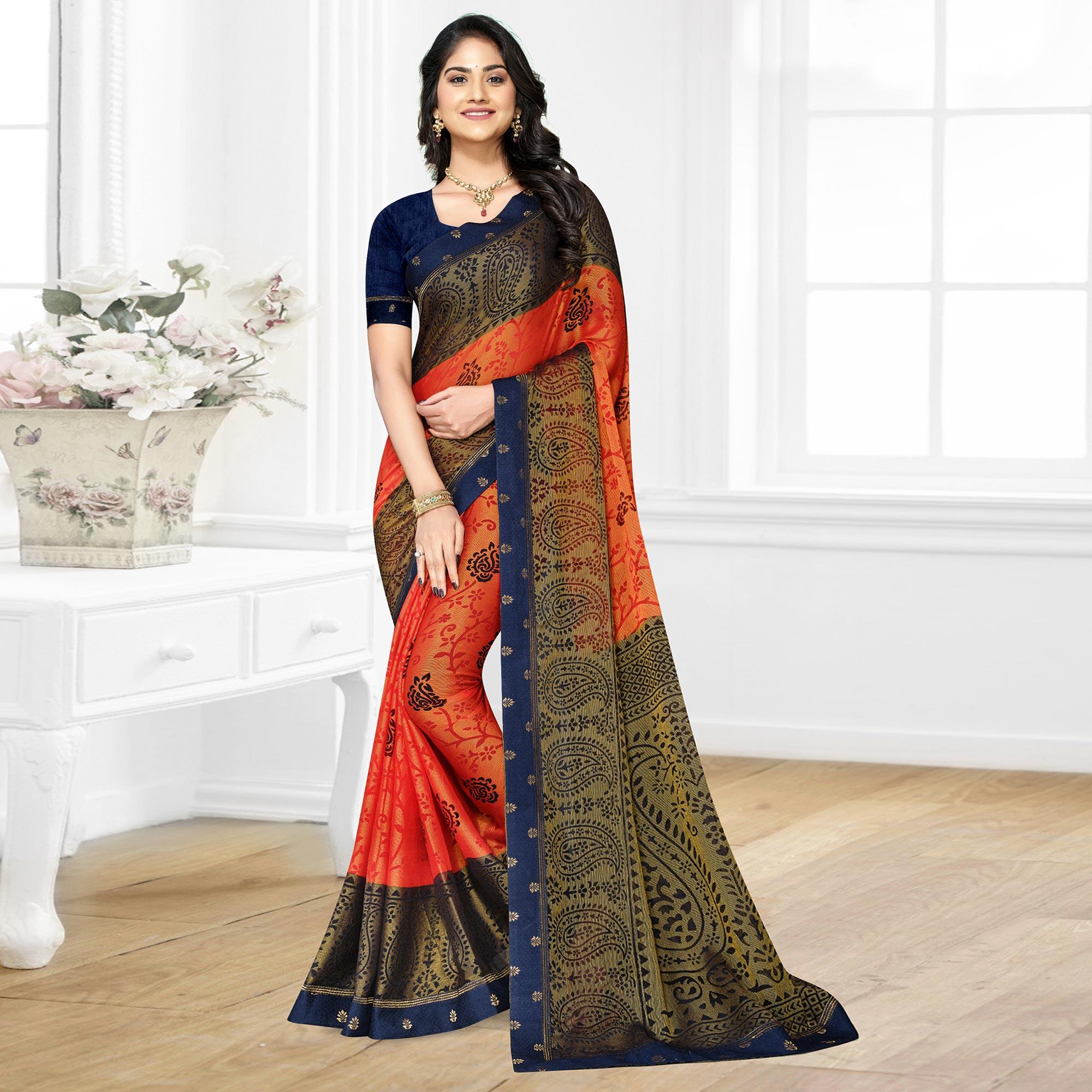 Orange Casual Wear Printed Brasso Chiffon Saree - Peachmode