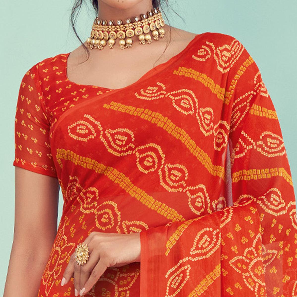 Orange Casual Wear Printed Chiffon Bandhani Saree - Peachmode