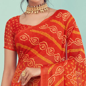 Orange Casual Wear Printed Chiffon Bandhani Saree - Peachmode