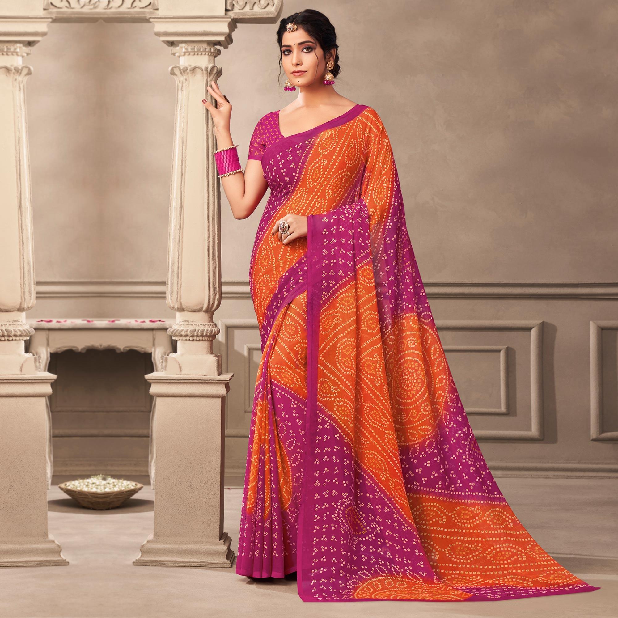 Orange Casual Wear Printed Chiffon Saree - Peachmode