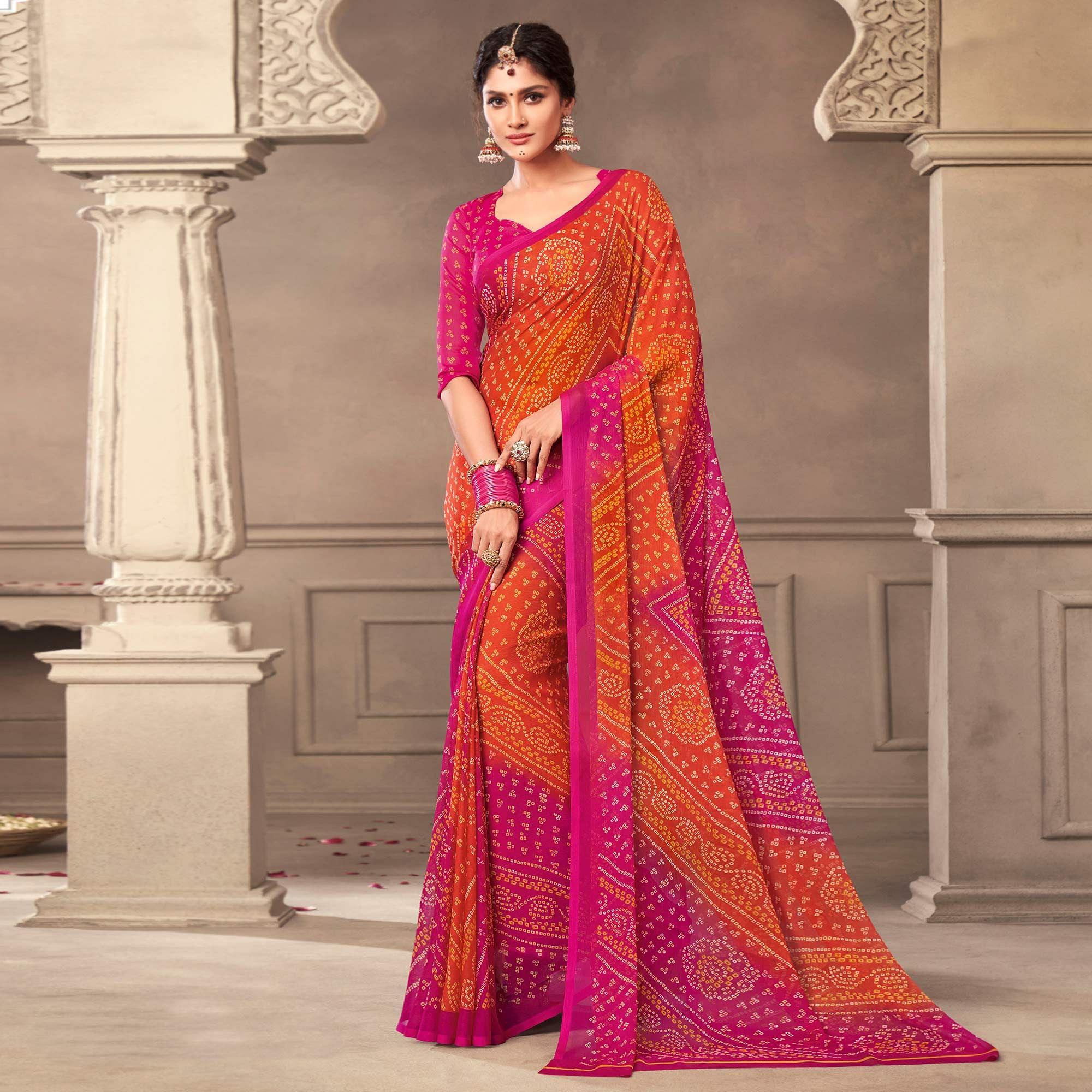 Orange Casual Wear Printed Chiffon Saree - Peachmode