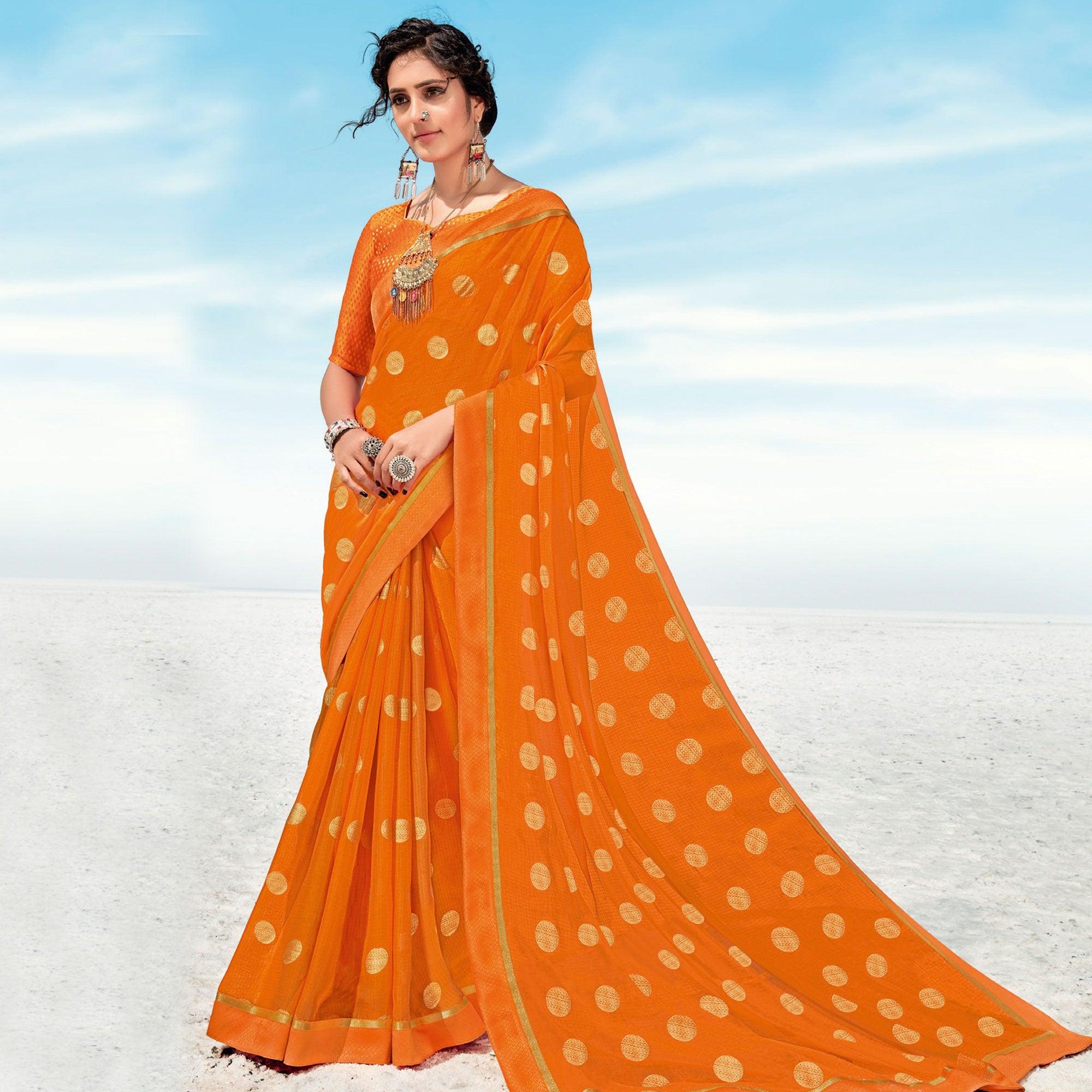 Orange Casual Wear Printed Chiffon Saree - Peachmode