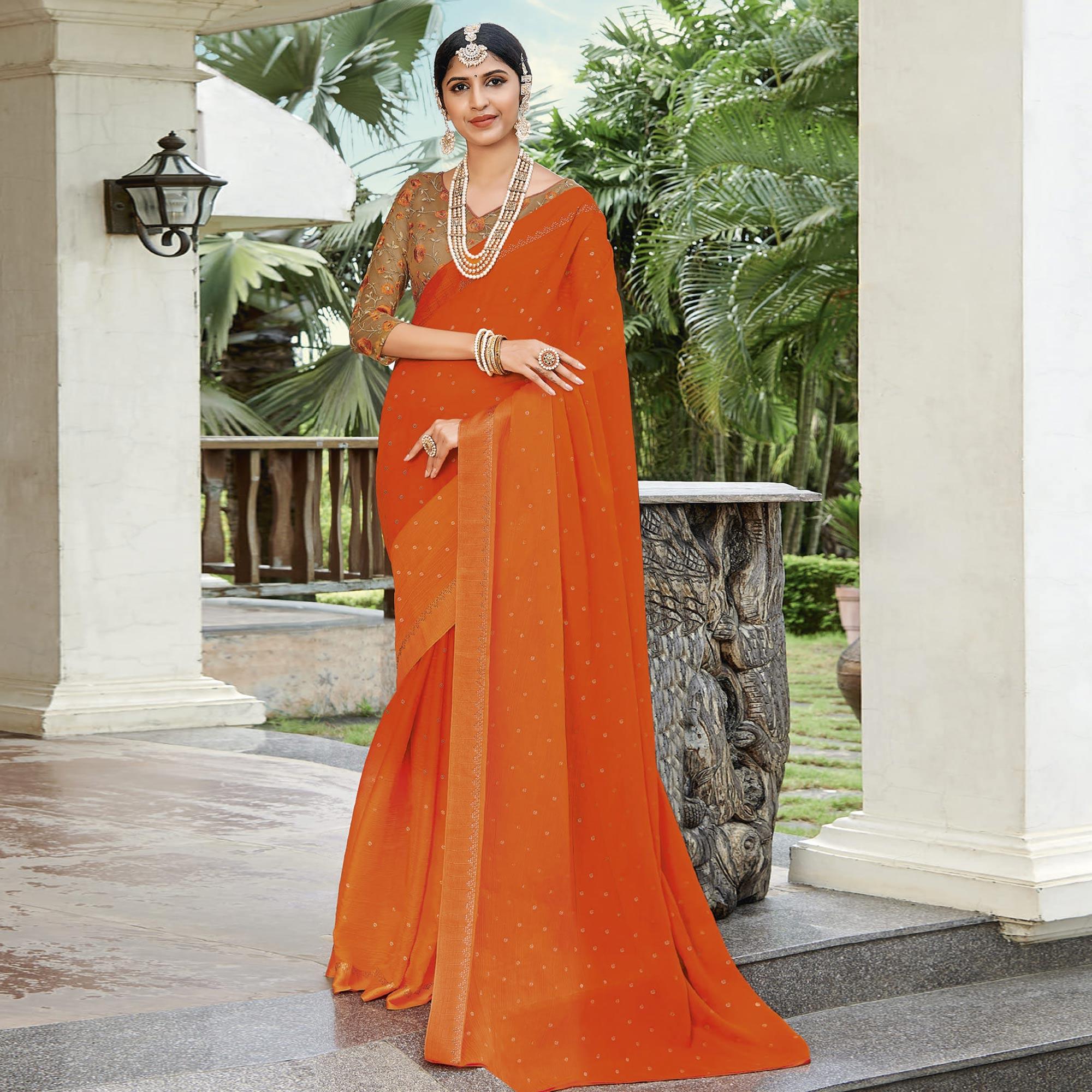 Orange Casual Wear Printed Chiffon Saree - Peachmode