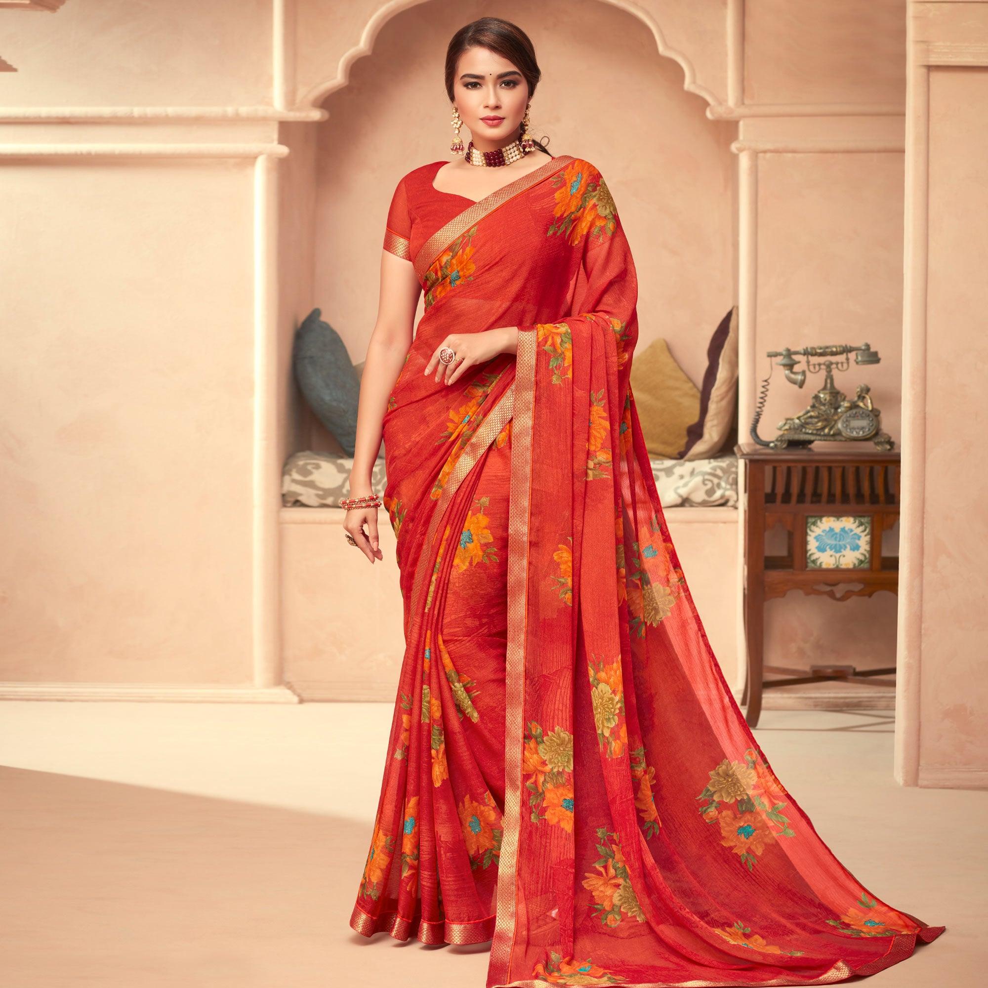 Orange Casual Wear Printed Chiffon Saree - Peachmode