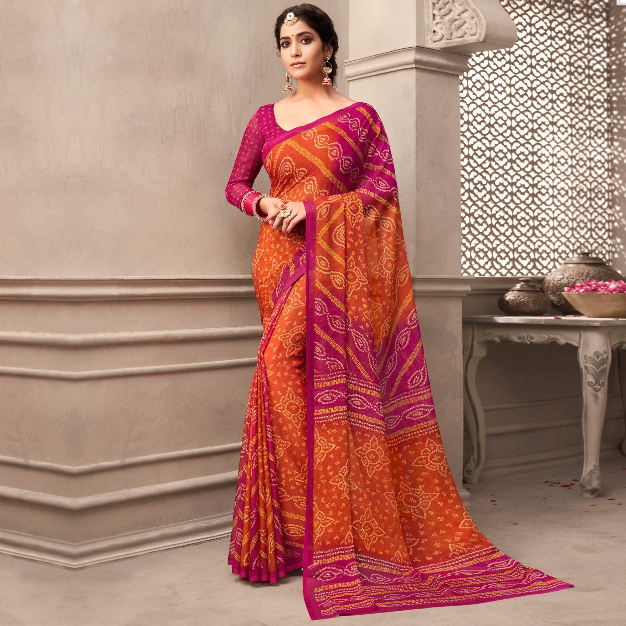 Orange Casual Wear Printed Chiffon Saree - Peachmode