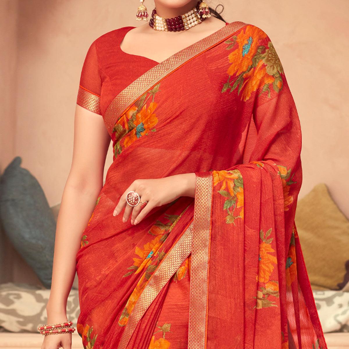 Orange Casual Wear Printed Chiffon Saree - Peachmode
